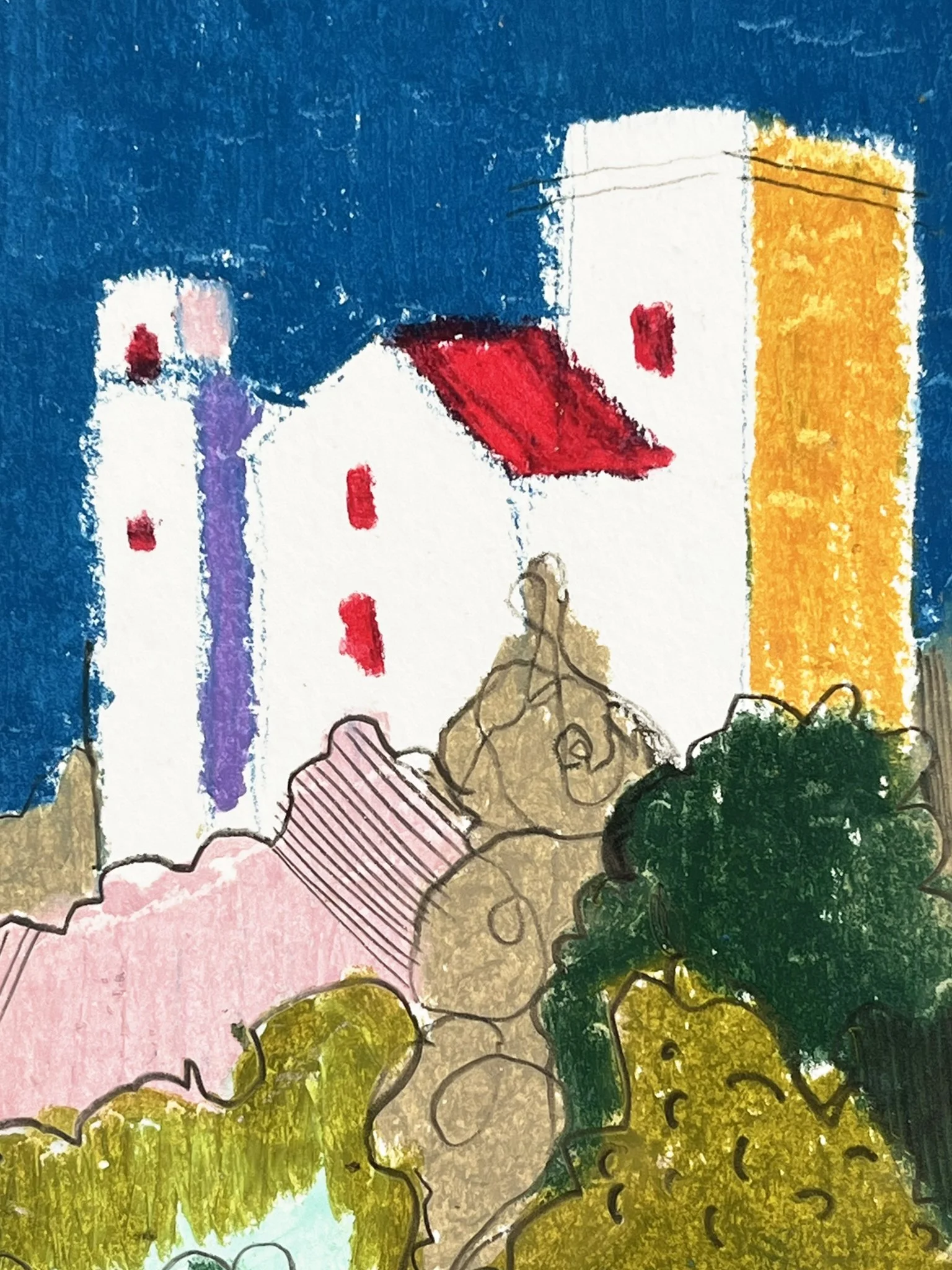 A child's drawing depicting various colorful trees and plants, with a blue sky background.