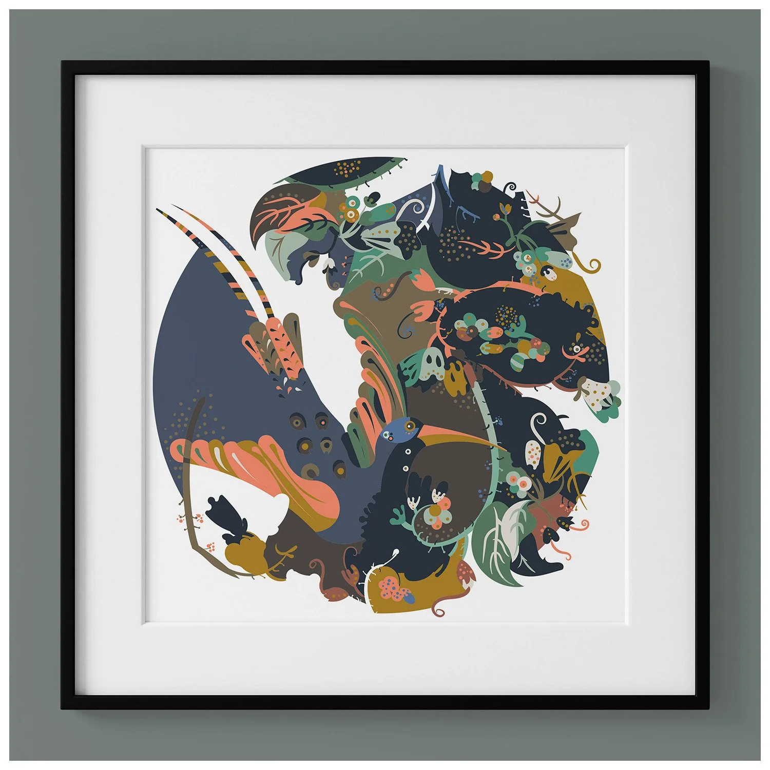 Colorful abstract art featuring a heron, foliage, and small animals, framed on a wall.