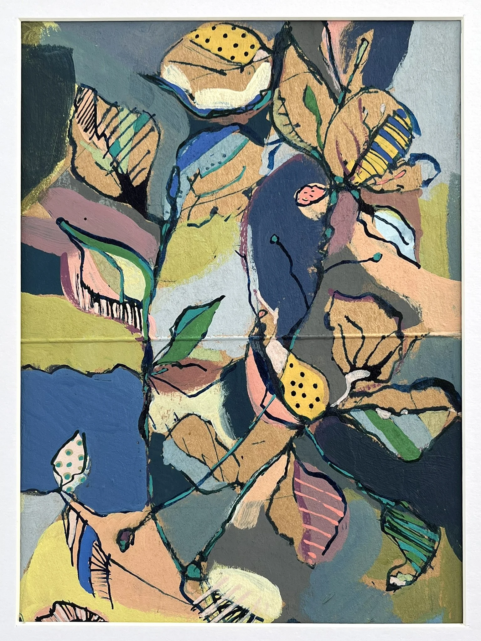 An abstract painting of a nude female figure with large leaves and fruit around her, using bold lines and vibrant colors like blue, yellow, green, pink, and beige.