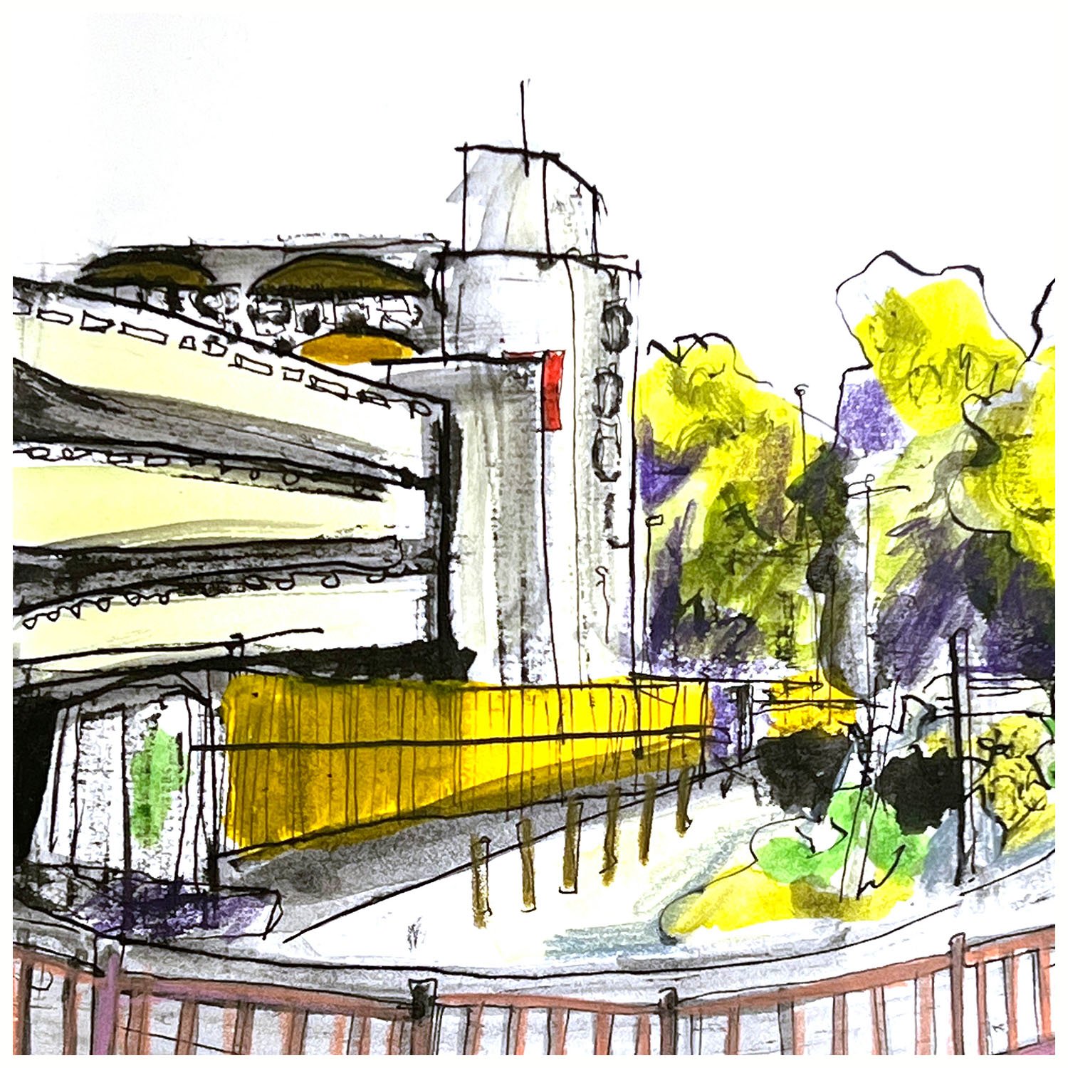  watercolor sketch of a multi-story building with balconies, trees with yellow and purple leaves, a fence, and a cloudy sky.