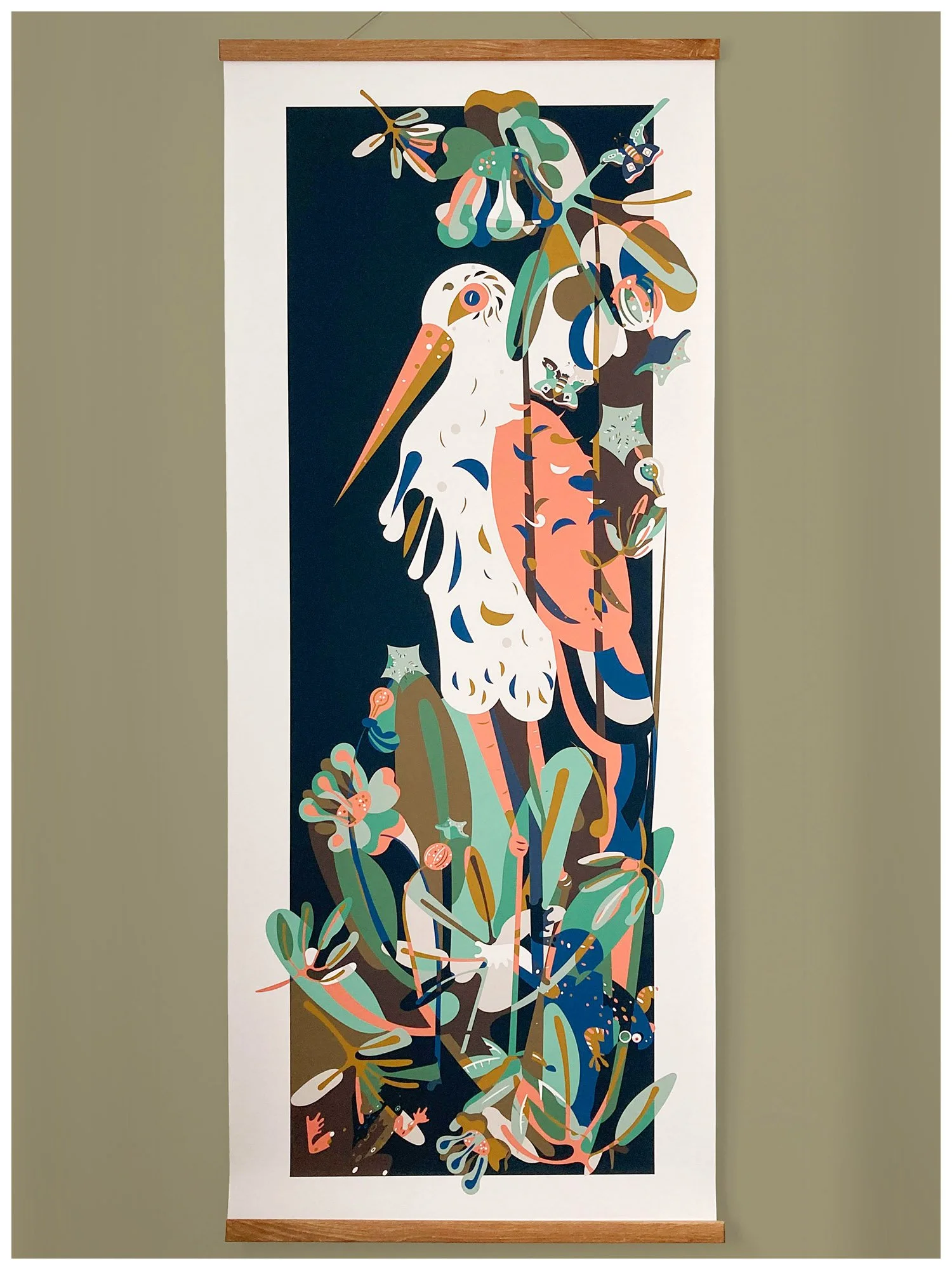 An abstract colorful painting featuring a large bird, foliage, and small illustrated animals on a vertical scroll hanging on a wall.