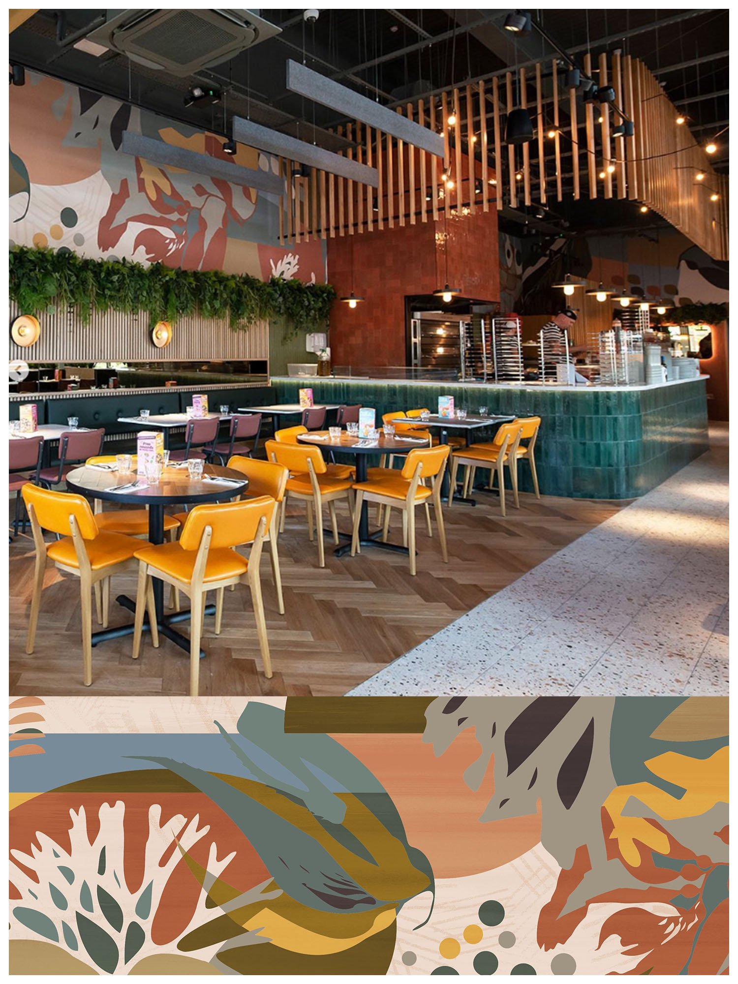 Interior of a modern restaurant with wooden chairs, a green tiled counter, colorful wall art, hanging lights, and a staff member preparing food.