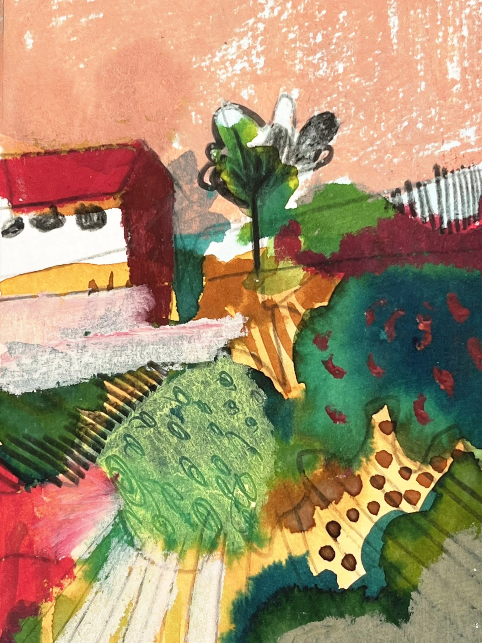 Abstract colorful watercolor painting with various shapes and patterns including a green dragonfly, red rectangle, green circle, and dotted designs.