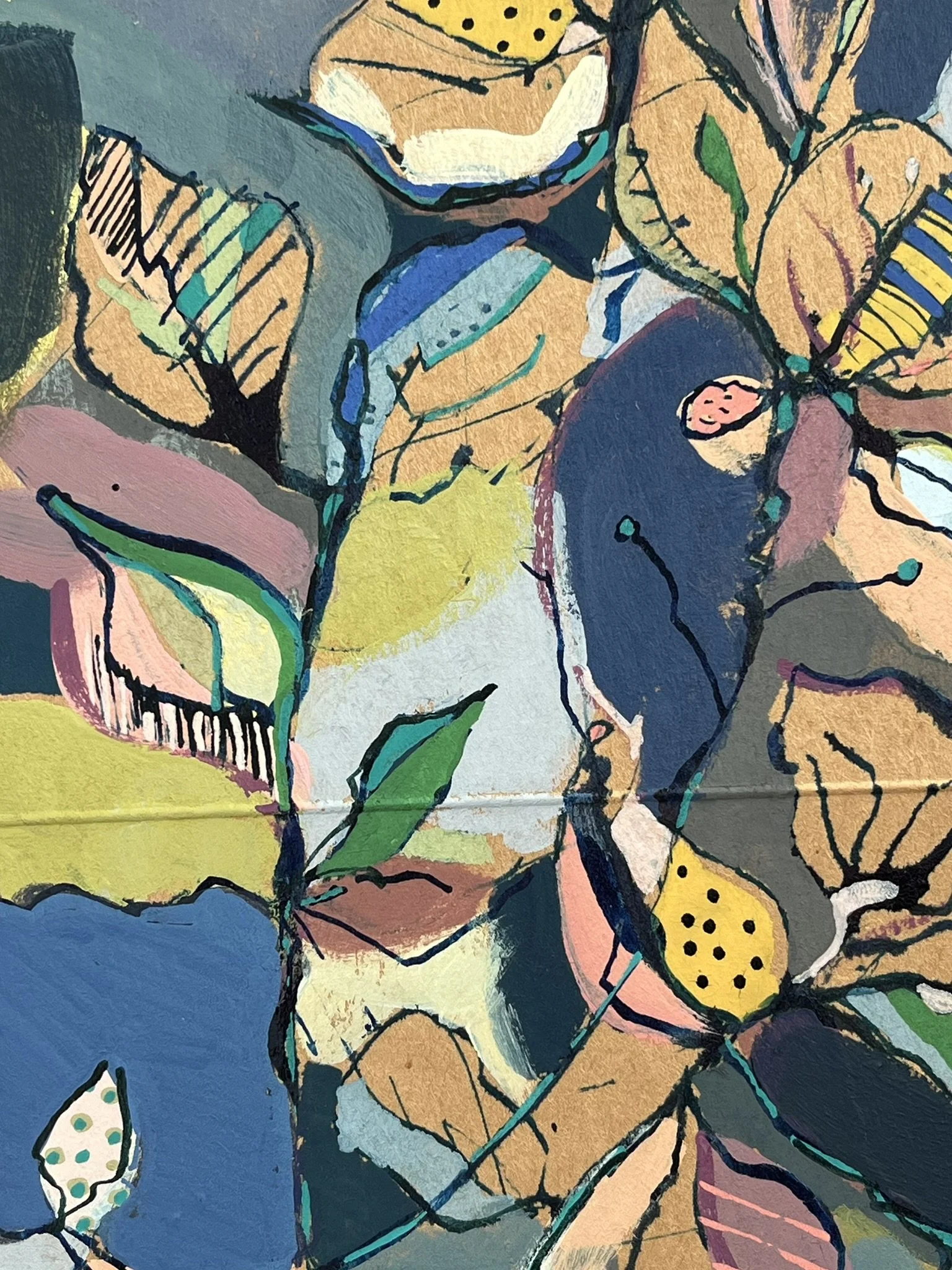 Close-up of an abstract, colorful painting featuring flower shapes with bold black outlines and textured brushstrokes in shades of blue, yellow, pink, green, and orange.