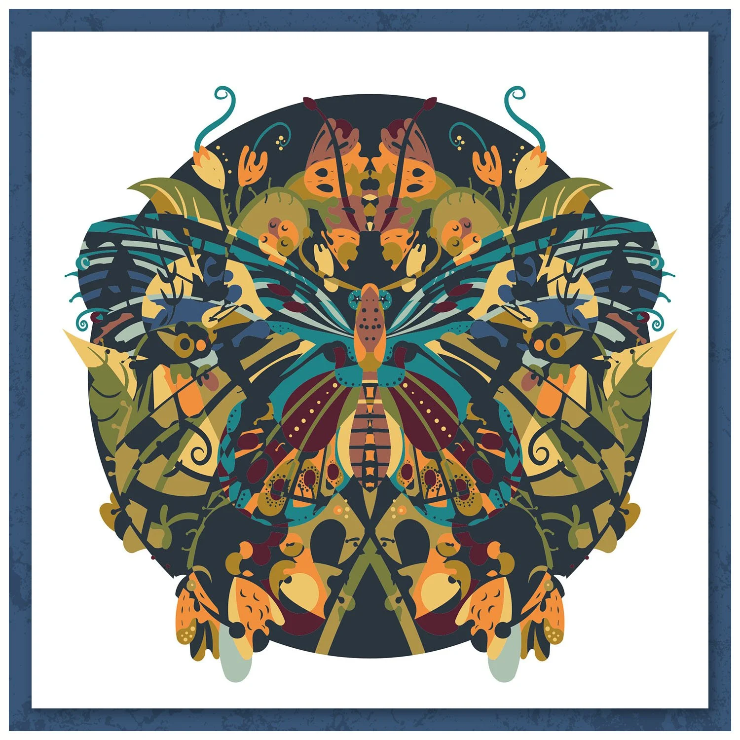 A symmetrical, colorful illustration of a butterfly with intricate details and patterns.