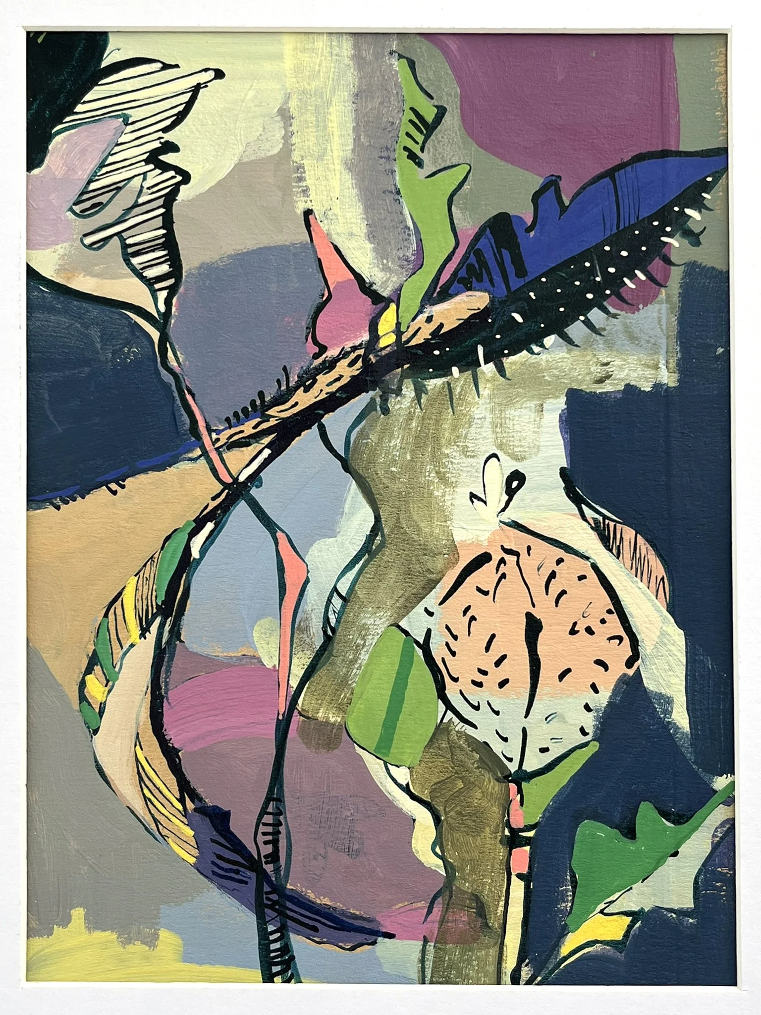 Abstract colorful painting featuring a woman's face with stylized features, bold outlines, and vibrant patches of color.