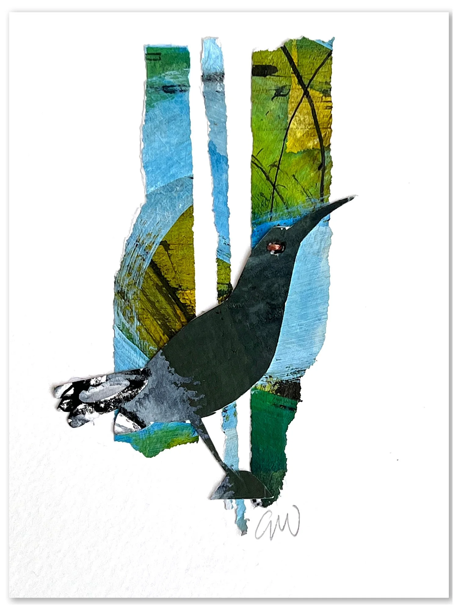 A colorful painting of a bird perched on a branch, with blue, green, and yellow background elements.