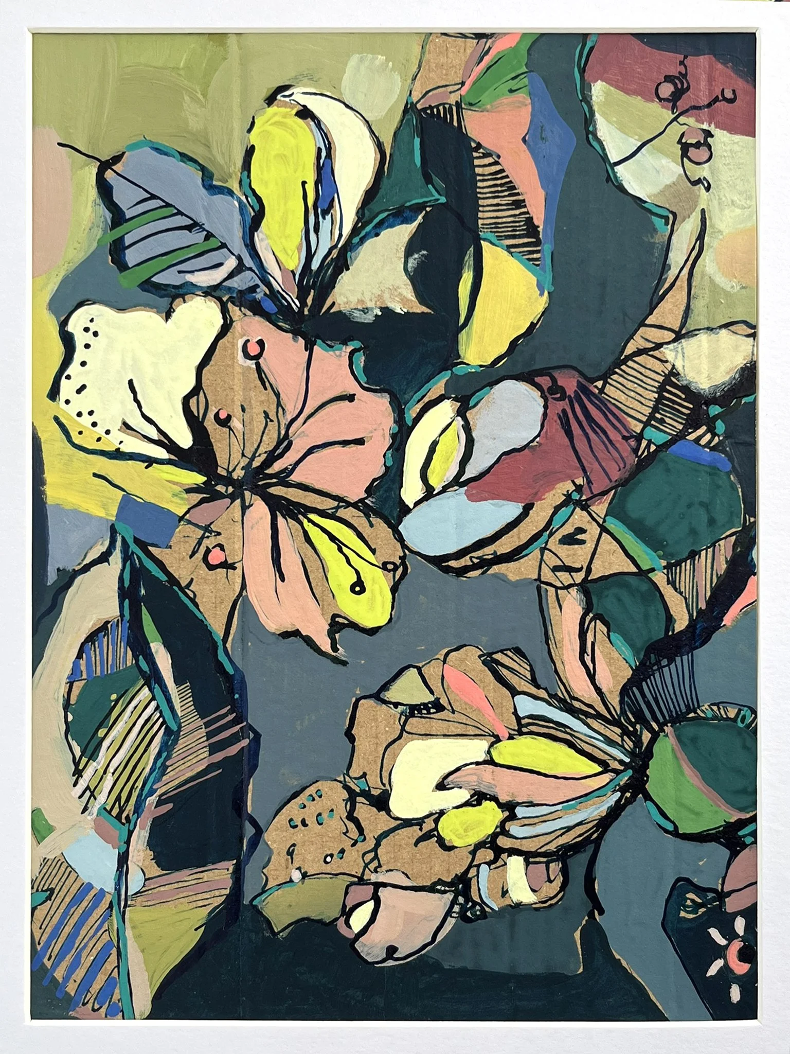 Abstract colorful painting featuring butterfly and floral motifs with black outlines and vibrant hues of yellow, pink, green, blue, and beige.