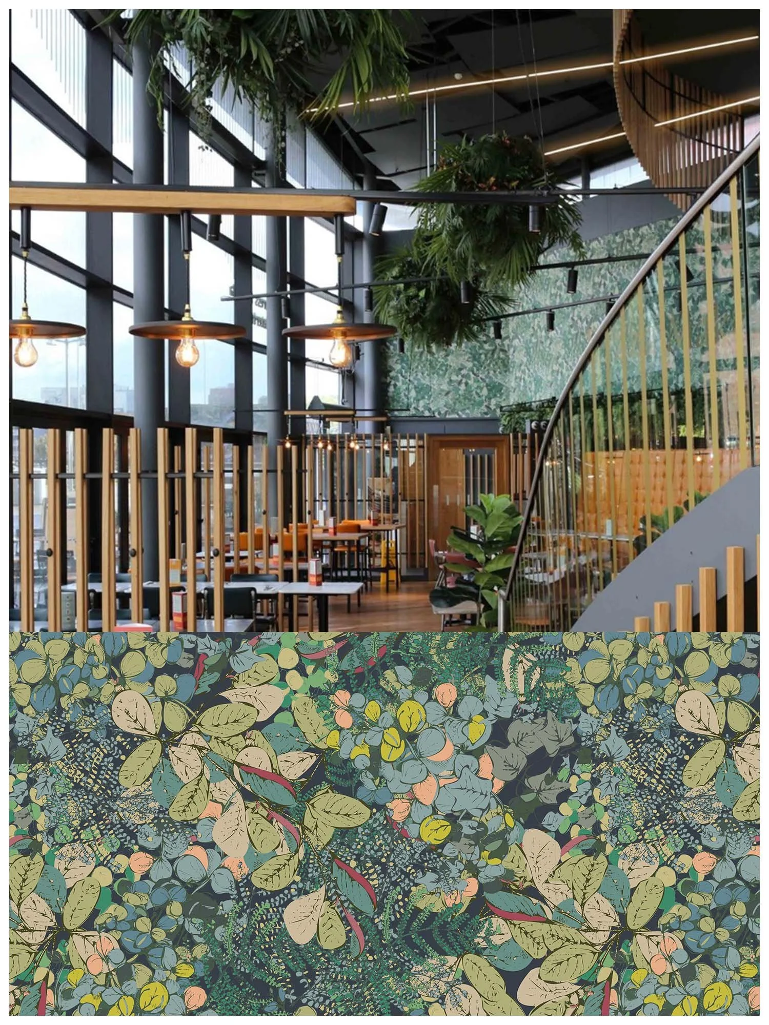 The interior of a modern restaurant with large glass windows, green plants hanging from the ceiling, wooden accents, and warm lighting. There is a staircase with a yellow railing and patterned wallpaper with botanical designs on the walls.