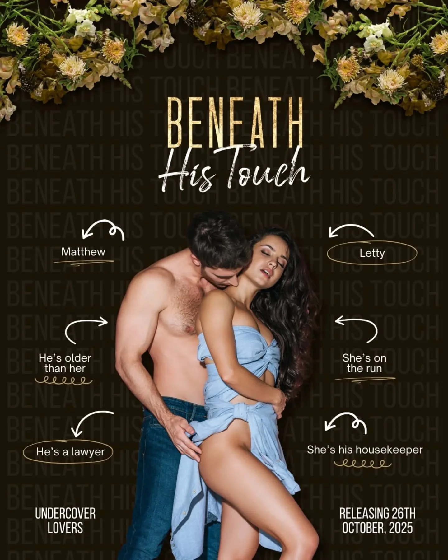 📖: Beneath His Touch releasing October 26th

Tropes:

🤎 She&rsquo;s on the run
🤎 First love
🤎 V!rgin heroine
🤎 Hidden identity
🤎 D@ddy Romance
🤎 Age gap
.
.
.
.
.
.
.
.
#teasertime #bookteaser #comingsoon #romancebooktok #romancebookstagram #d