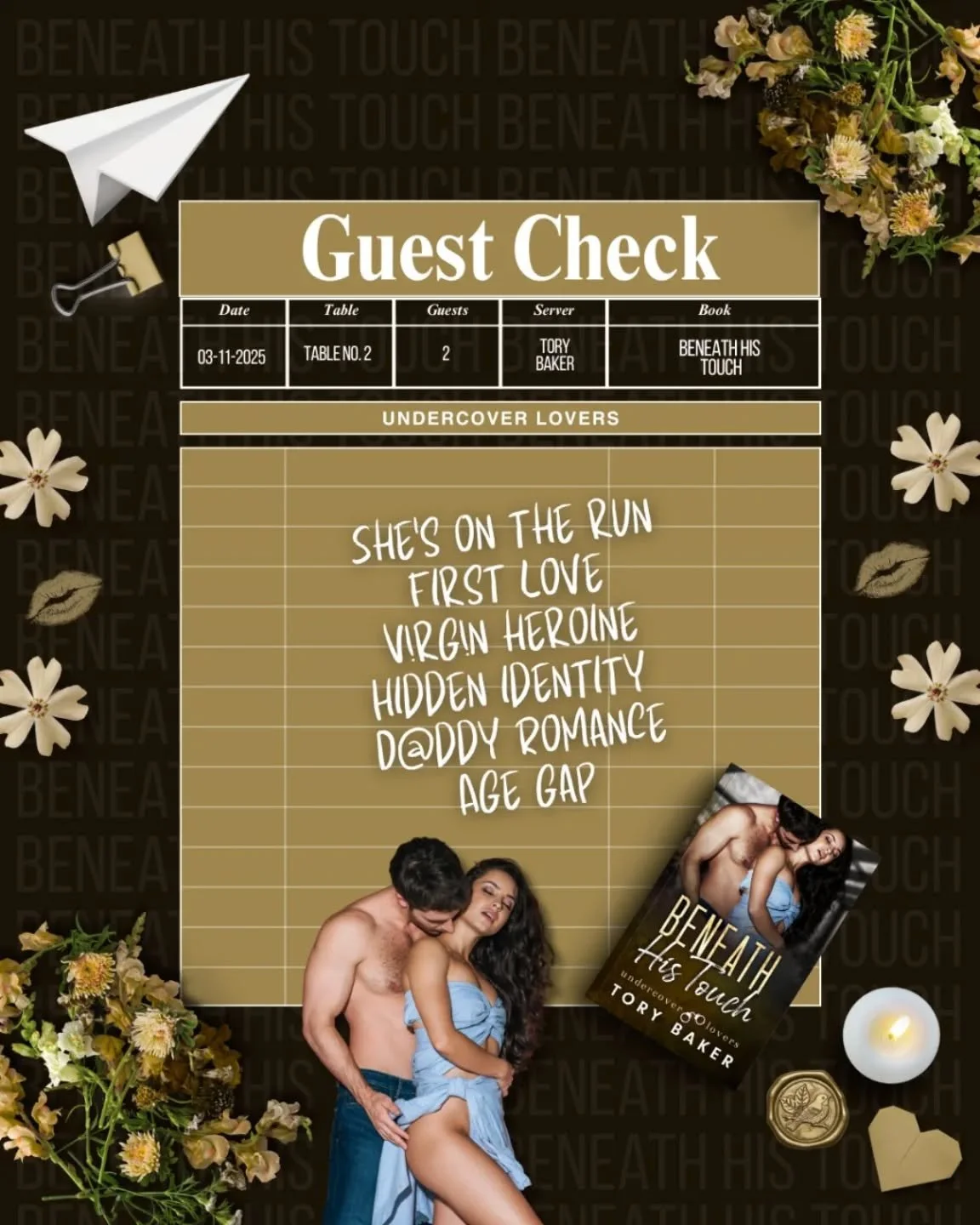 📖: Beneath His Touch OUT NOW

Available as E-book &amp; Paperback on Amazon and Kindle Unlimited 

Tropes:

🤎 She&rsquo;s on the run
🤎 First love
🤎 V!rgin heroine
🤎 Hidden identity
🤎 D@ddy Romance
🤎 Age gap
.
.
.
.
.
.
.
.
#teasertime #booktea