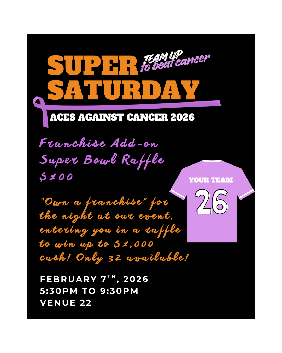 Get your Franchise add-on ticket to be entered in our Super Bowl Raffle at our Super Saturday event! Only 32 available!