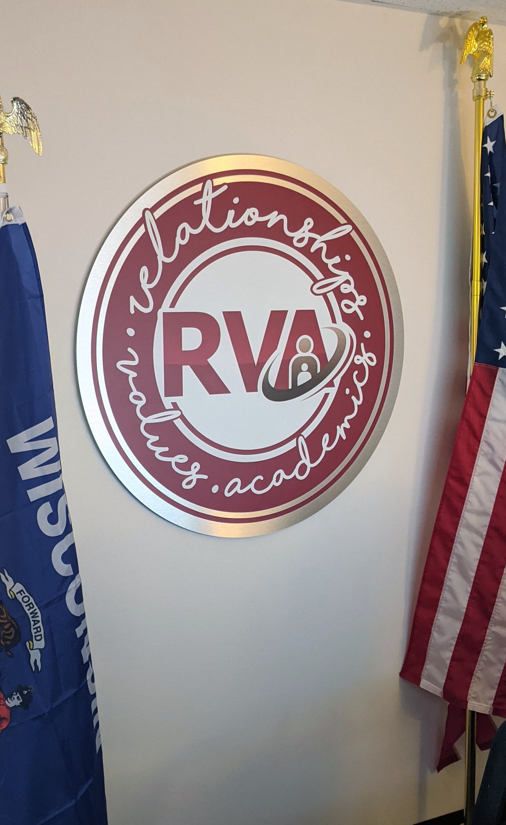  Rural Virtual Academy (RVA) custom logo sign printed on brushed aluminum and router cut to circle shape by SUN Printing. 