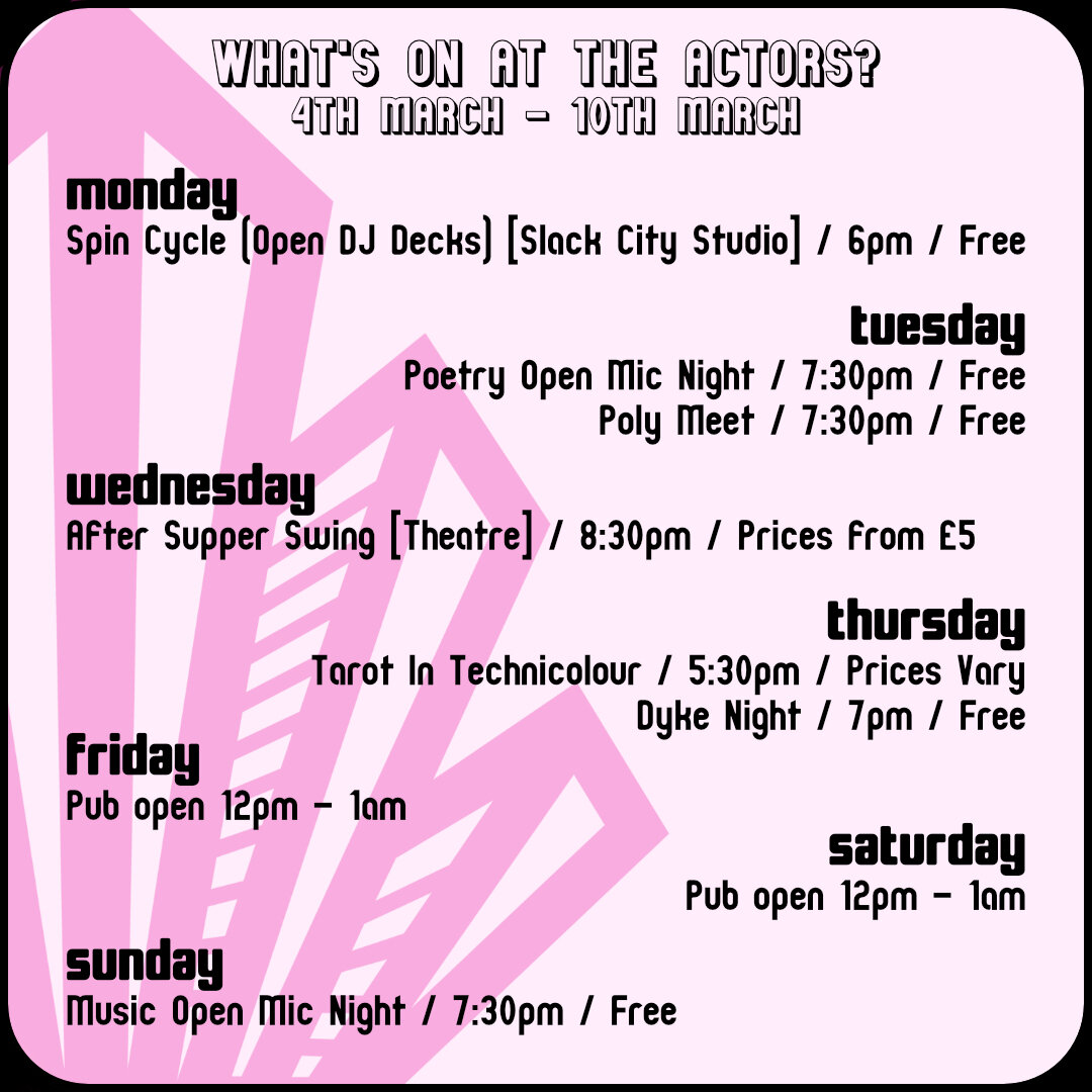 Here's what we've got coming up this week at The Actors!

This week we're delighted to have @femfestbrighton taking over from Thursday to Sunday (swipe right to browse their lovely lineup!) ✨

#whatsonbrighton #femfest2024 #theactors #opendjdecks #op