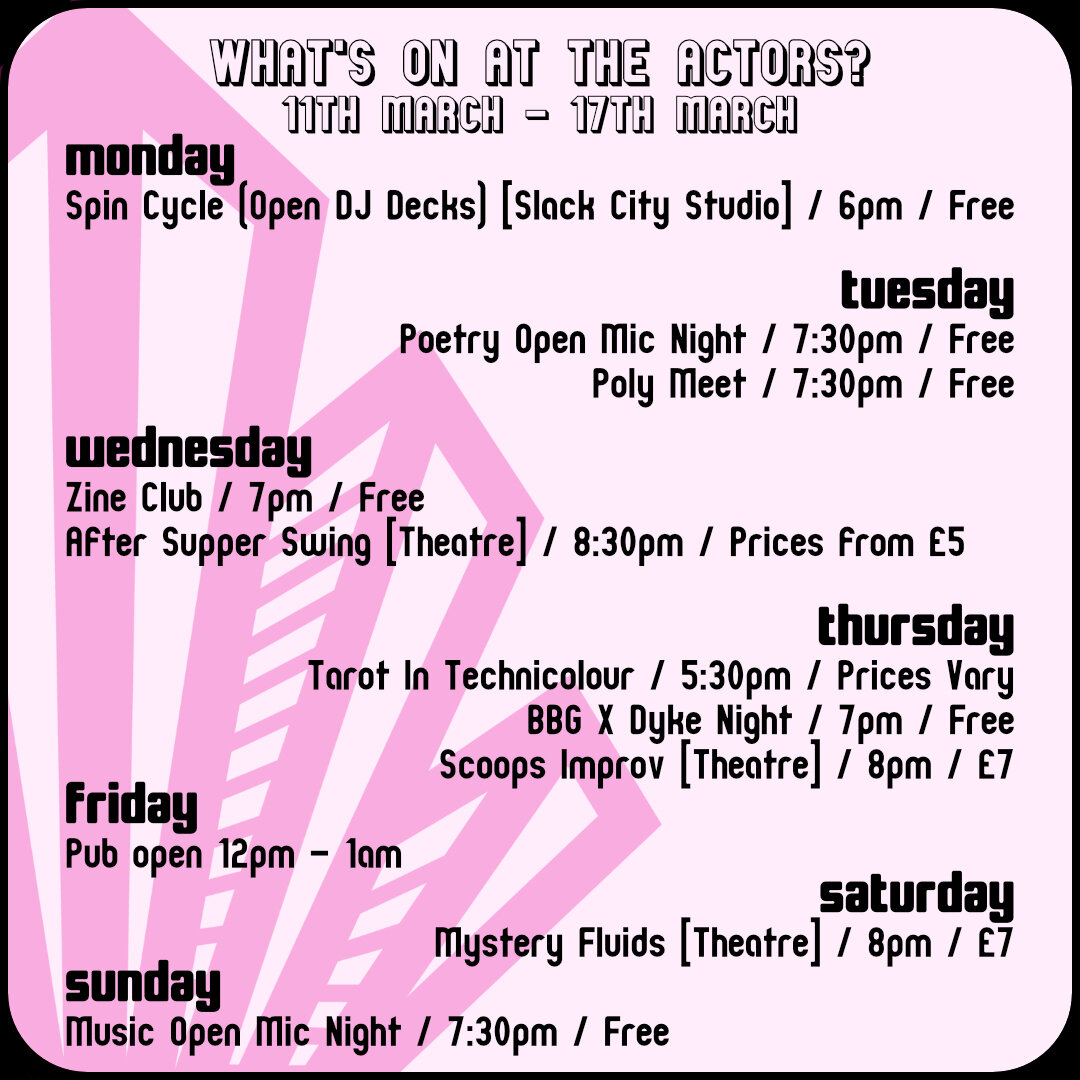 Here's what's on this week at The Actors!

We'd love to see you in the pub, especially now the evenings are getting lighter 🥰

#whatsonbrighton #theactors #opendjdecks #tarotreadingbrighton