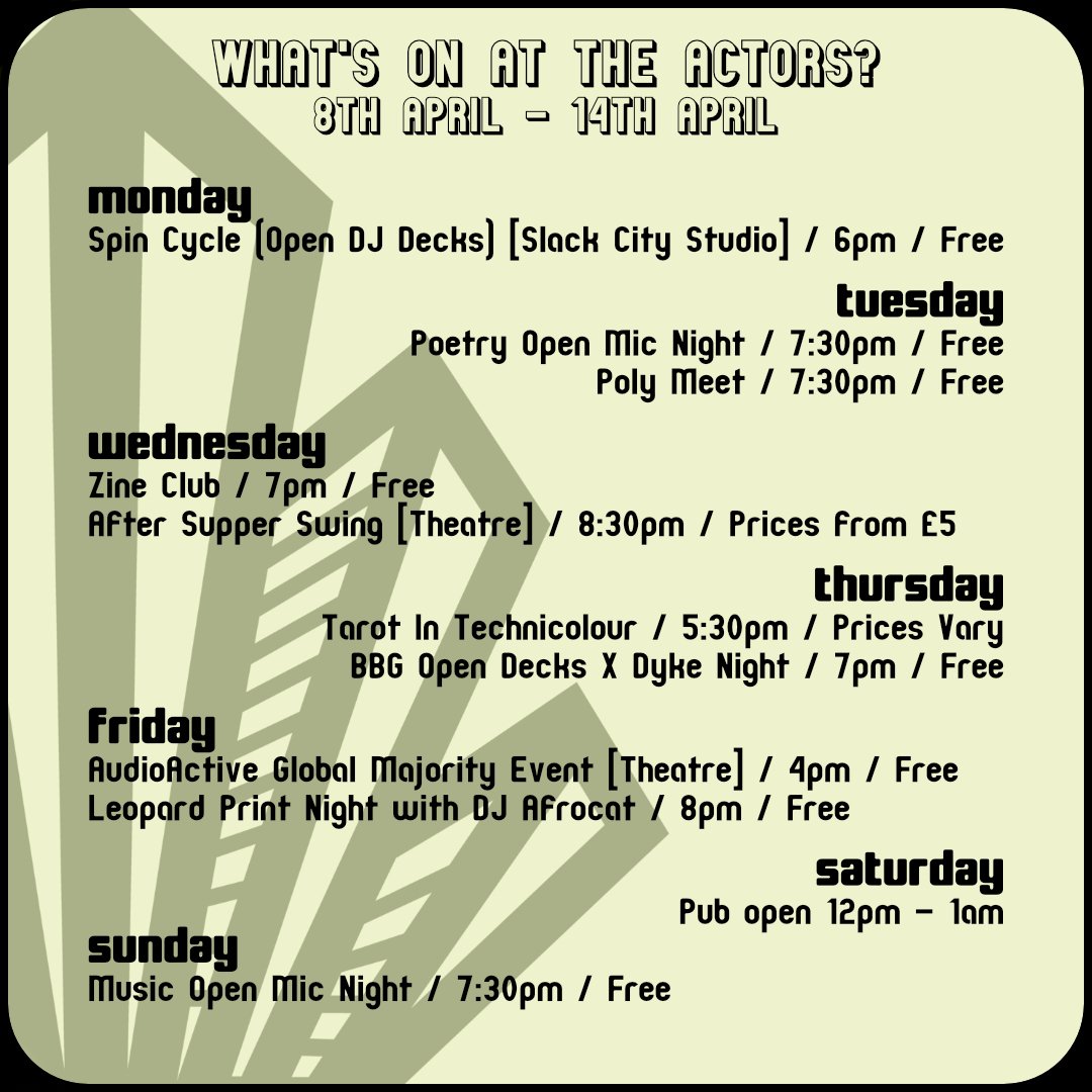 You know the drill, here's what's on this week at The Actors! 🎭

#whatsonbrighton #theactors #brightonevents #opendjdecks #openmicnight