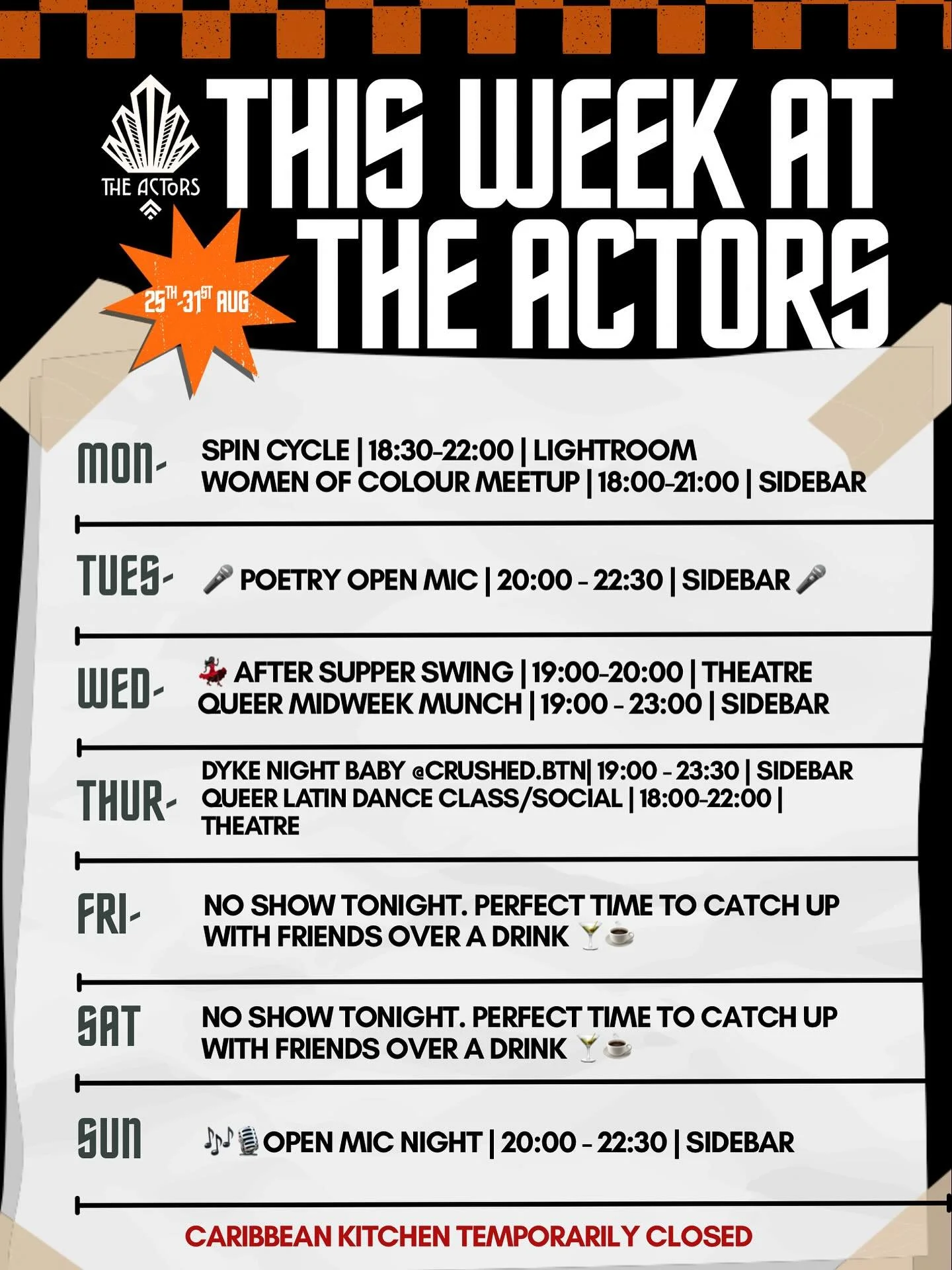 ✨🎭 What&rsquo;s On @ The Actors (25&ndash;31 Aug) 🎭✨
.
This week&rsquo;s serving up everything from poetry vibes to swing steps, queer meetups to open mics, plus plenty of chances to just grab a drink &amp; hang out 🍸☕
.
.
💥 Mon: Spin Cycle + Wom