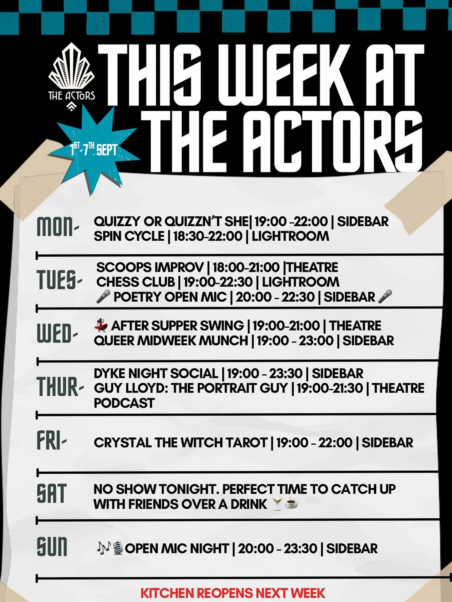✨ This Week at The Actors ✨
Quiz wizards, improv jokers, poetry souls, swing dancers, tarot seekers, and karaoke heroes. Your time has come!💫🎤🃏💃🏿
.
📅 1st &ndash; 7th Sept
📍 The Actors
.
Who&rsquo;s in? 👀🍸
#ThisWeekAtTheActors #TheActors #Bri