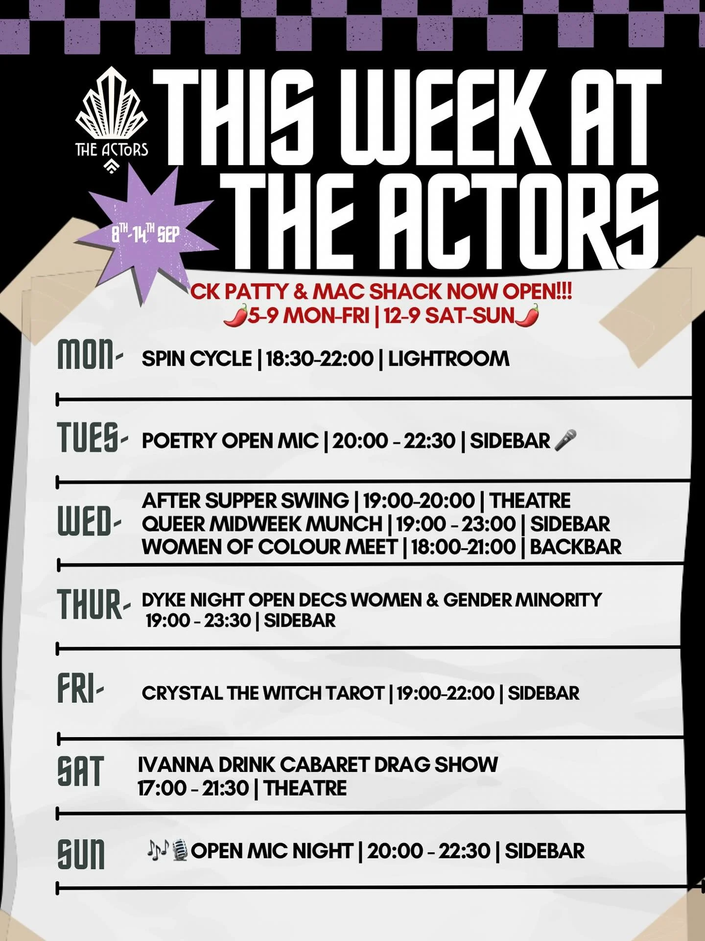 ✨This Week at The Actors (8th&ndash;14th Sept)✨
From poetry and tarot to drag cabaret and open mics, we&rsquo;ve got a packed week of events waiting for you! 🎭🎤
.
Plus, don&rsquo;t forget the Patty &amp; Mac Shack @caribbeankitchenfood is back open