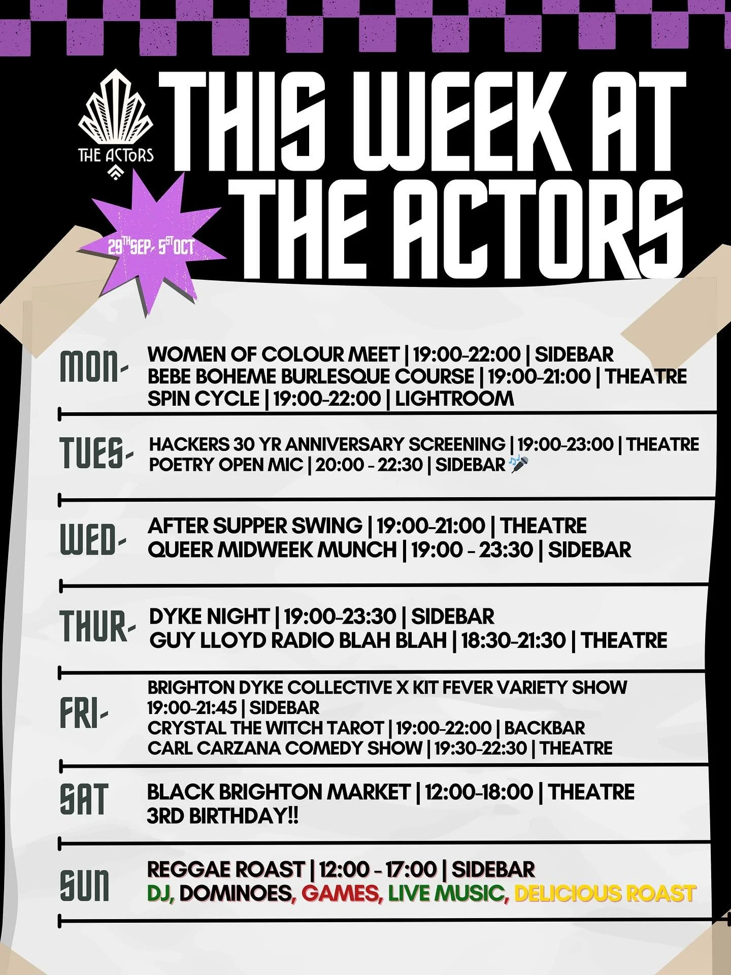 ✨ This Week at The Actors (29th Sep &ndash; 5th Oct) ✨
From poetry and burlesque to swing nights, comedy, and reggae roasts, we&rsquo;ve got something for everyone. 🕺🎭🎤
Check out the full lineup and join us in the Sidebar, Backbar, Lightroom, or T