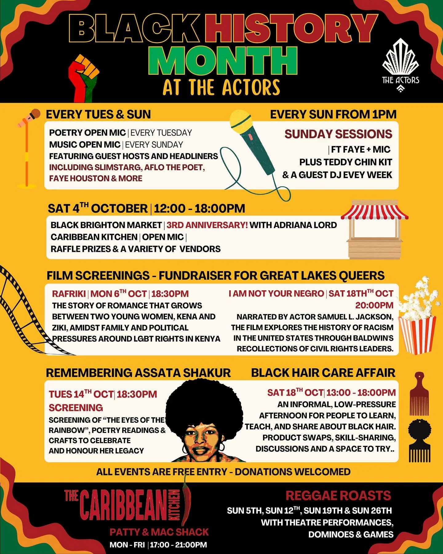 🪮✨ It&rsquo;s Black History Month at The Actors! ✨✊🏾
Join us all October for open mics, film screenings, Sunday sessions, and more, celebrating Black culture, art, and community.
🎉 The Black Brighton Market 3rd Anniversary is happening right now t