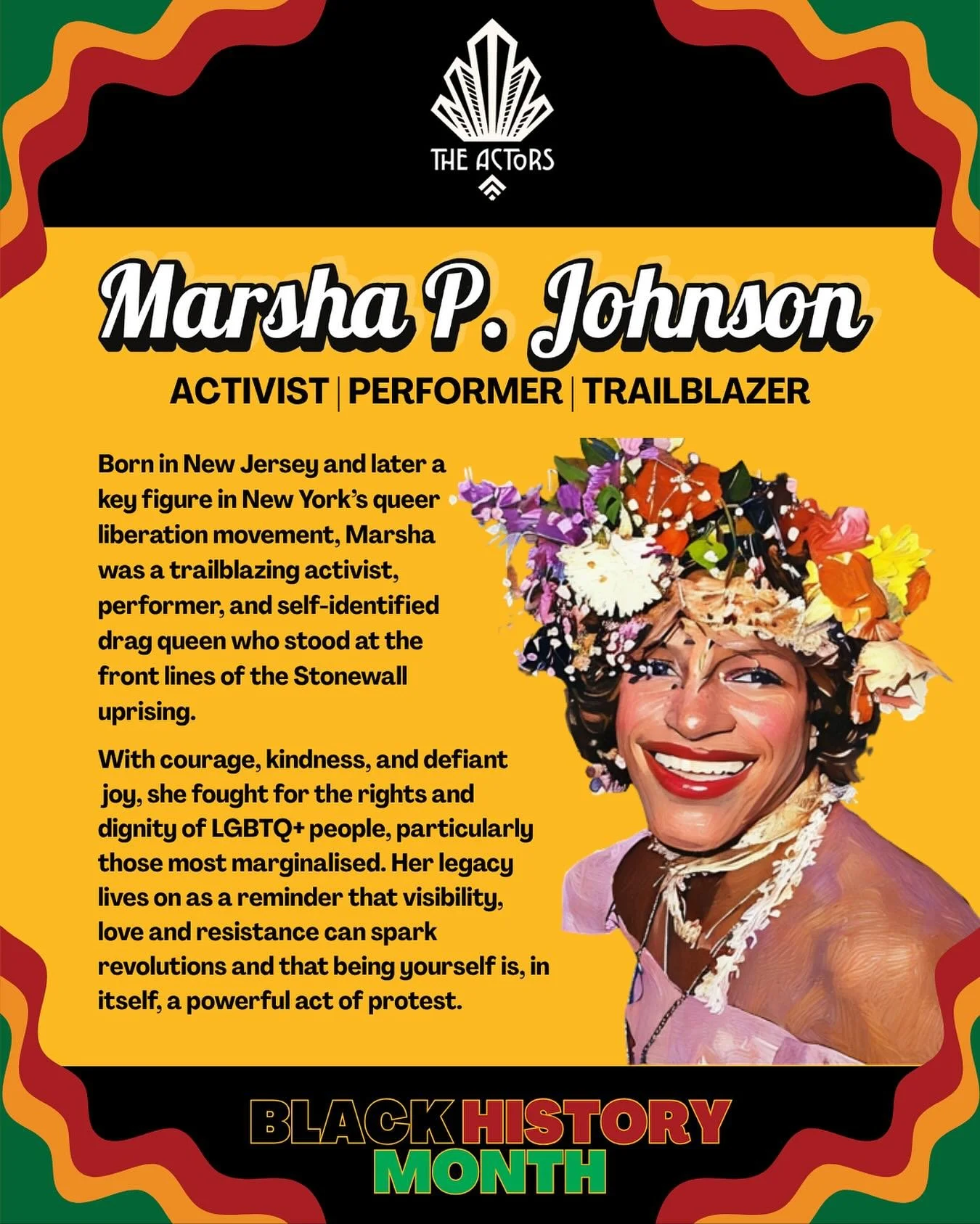 ✨We&rsquo;re celebrating Marsha P. Johnson, who showed the world that being yourself is a revolution 🌈✊🏾
.
.
#BlackHistoryMonth #TheActors