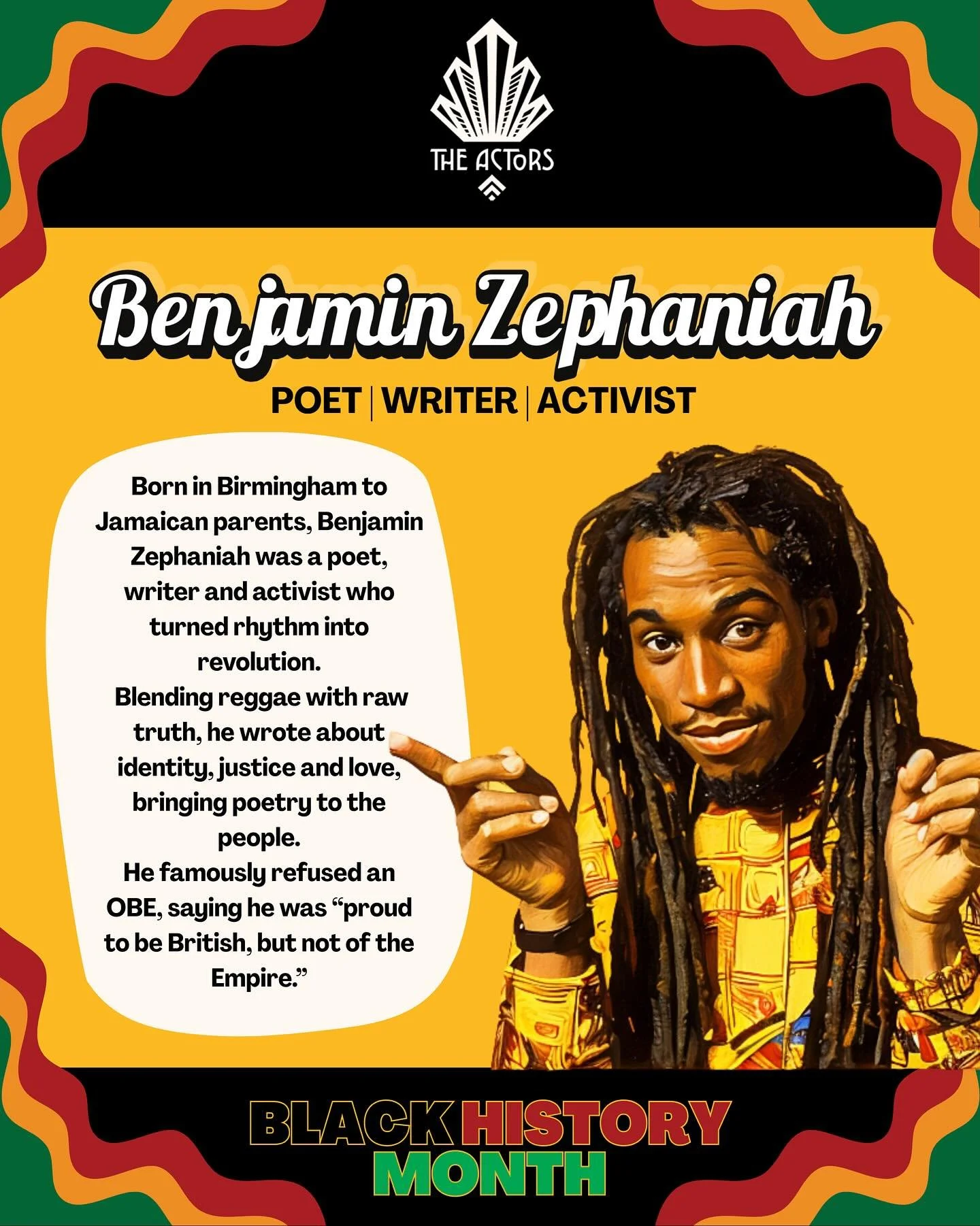 ✨We&rsquo;re celebrating Benjamin Zephaniah - The Poet who spoke truth, love and revolution 🖤❤️💛
.
.
#blackhistorymonth #brighton #theactors