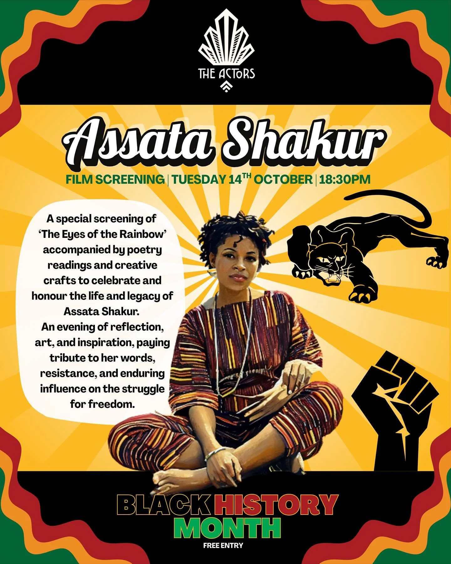 🎞️ Film Screening: &ldquo;Eyes of the Rainbow&rdquo;
📅 Thursday 17 October, 7PM
📍 The Actors, Brighton ✨✊🏿
.
Join us for a powerful Black History Month screening exploring the life and legacy of Assata Shakur!
Activist, writer, and revolutionary.