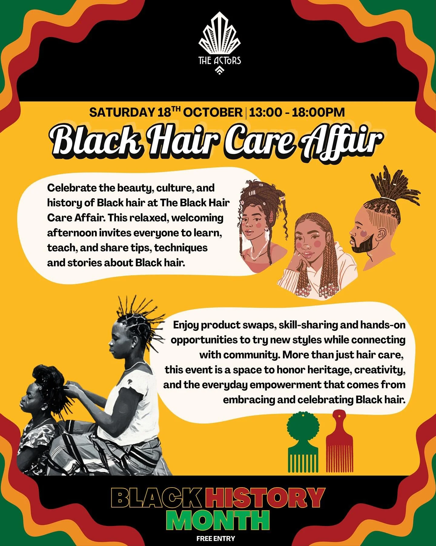 ✨ It&rsquo;s a full day of celebration at The Actors! ✨
Join us tomorrow for The Black Hair Care Affair from 1&ndash;6PM &mdash; an afternoon of learning, sharing, and celebrating the beauty, culture, and creativity of Black hair. 💛
Then stay for ou