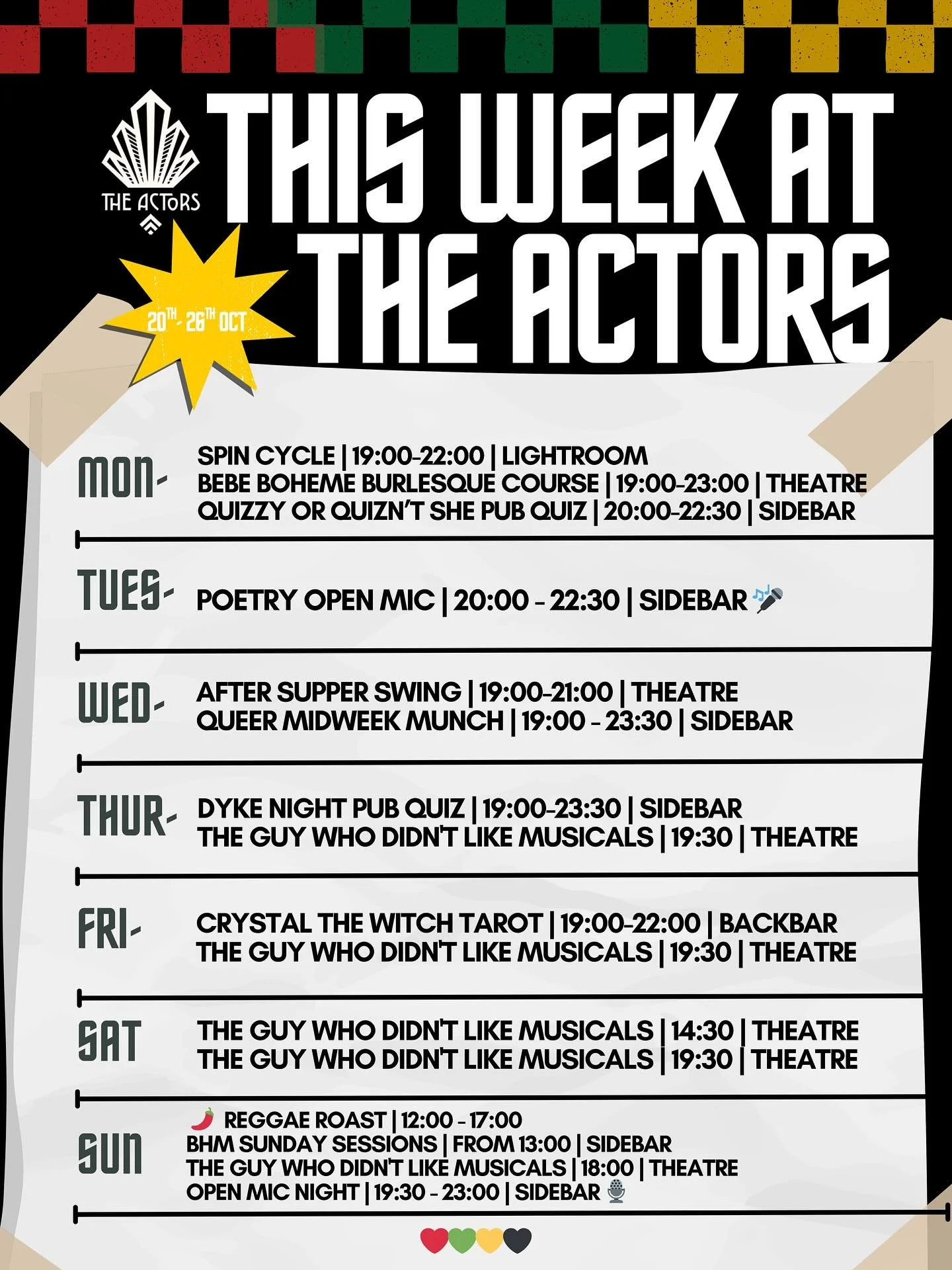 🎭 What&rsquo;s on at The Actors this week! 
From quizzes and open mics to musicals, tarot, and BHM sessions, there&rsquo;s something every night! 
🖤💛❤️💚
.
.
#TheActorsBrighton #BrightonEvents #WhatsOnBrighton #BrightonNights #BrightonTheatre #BHM