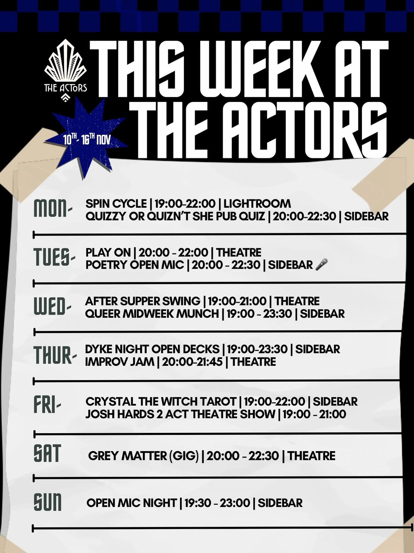 It&rsquo;s another packed week at The Actors 🎭
From poetry and improv to gigs and tarot.
There&rsquo;s something for everyone!
.
🗓️ 10th&ndash;16th November
📍The Actors, Brighton
.
And don&rsquo;t forget - Quizzy or Quizn&rsquo;t She? is on tonigh