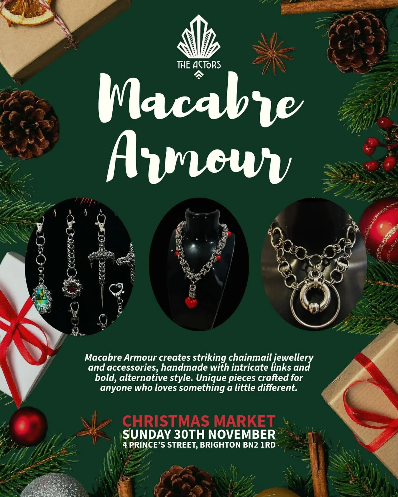 🎄✨💎 Macabre Armour joins us this Sunday with handcrafted chainmail jewellery and accessories, each piece woven with incredible detail and alternative style 🎄
.
.
.
#MacabreArmour #ChainmailJewellery #AlternativeStyleUK #HandmadeJewelleryUK #Bright