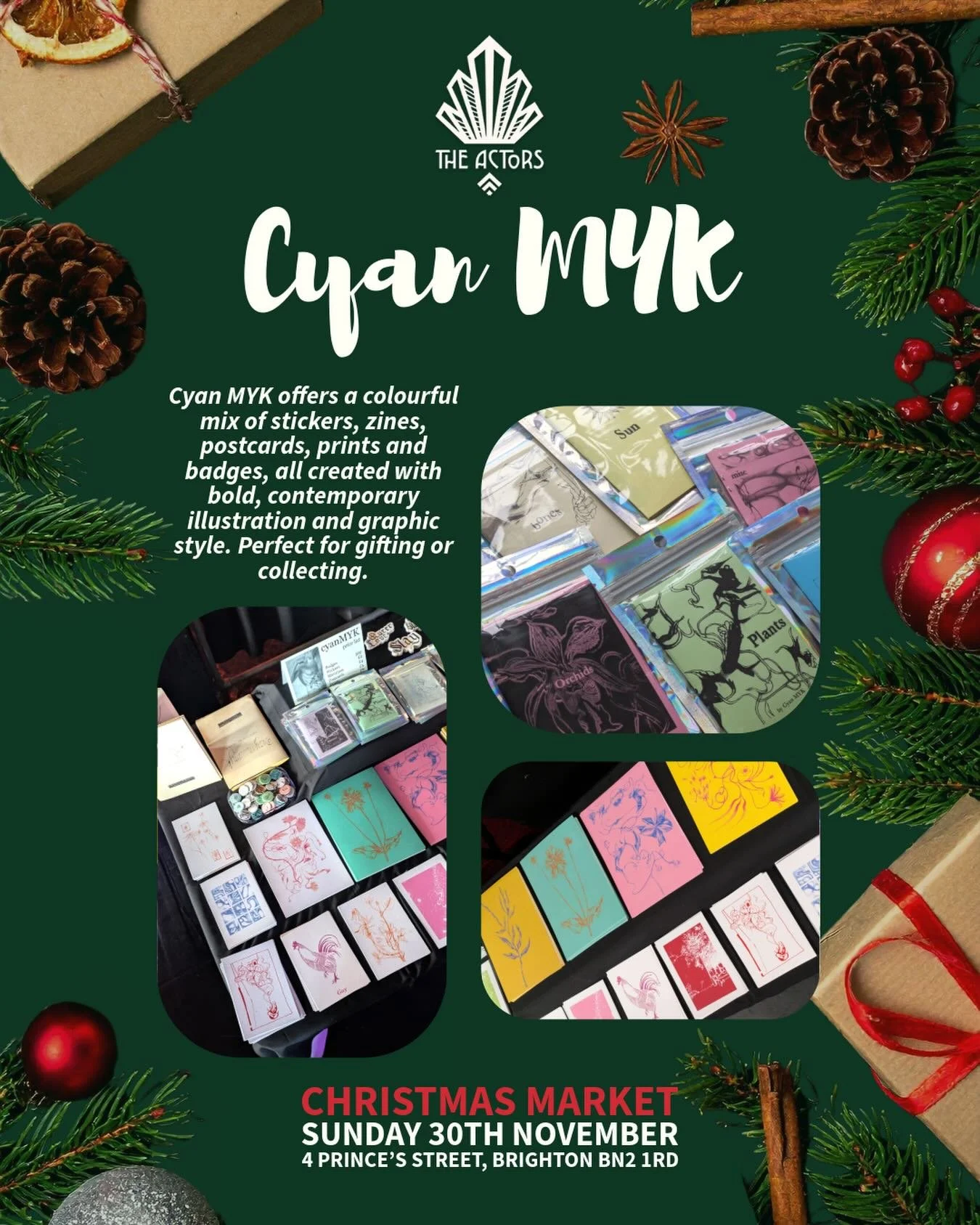 Cyan MYK is joining us this Sunday with vibrant stickers, zines, postcards, prints and badges 🎨✨ Bold colours, fun designs and perfect little gifts for the festive season 🎄🎁
.
.
#CyanMYK #BrightonMakers #BrightonMarket #BrightonEvents #StickersUK 