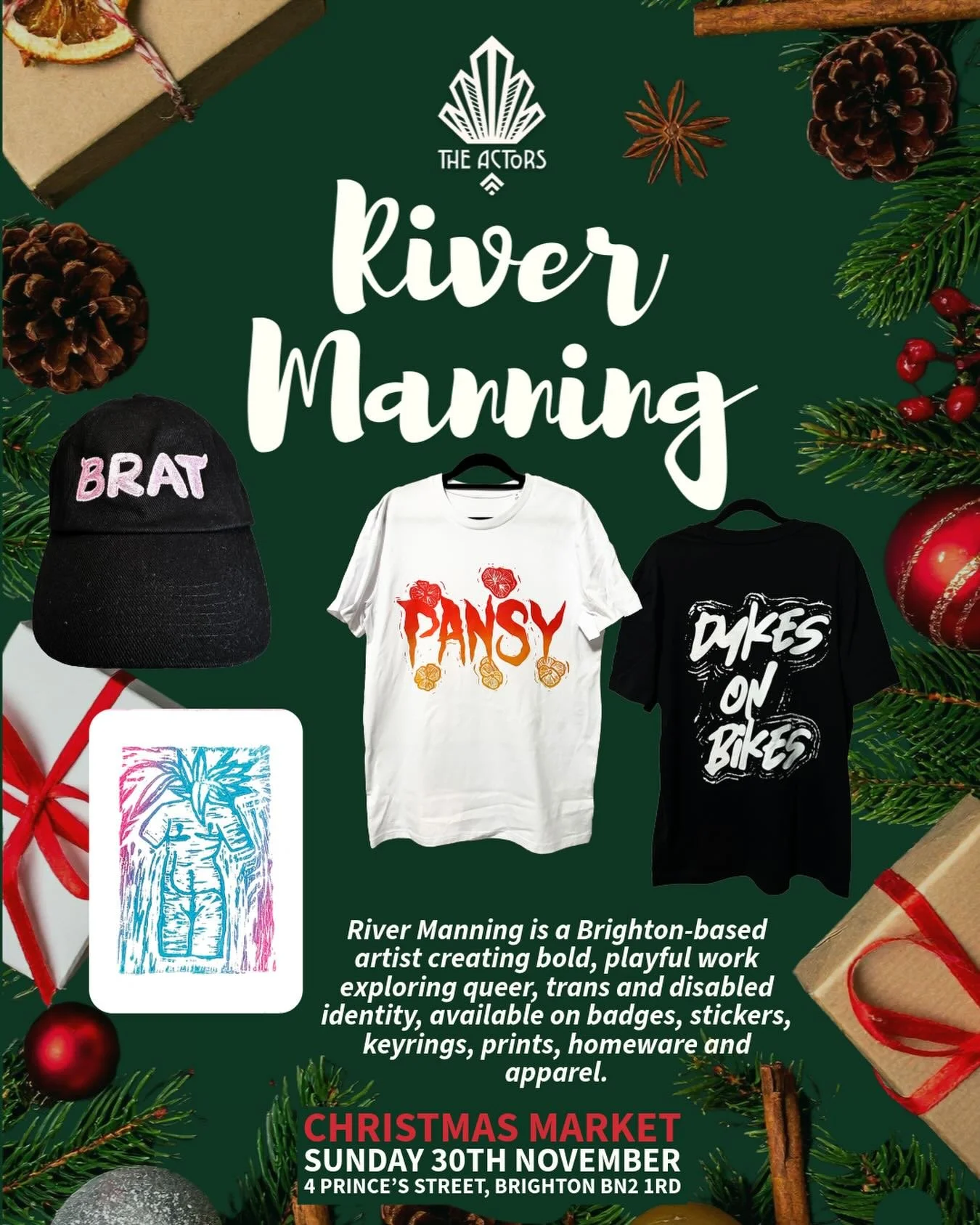 We&rsquo;re excited to welcome Brighton artist River Manning this Sunday 🌈✨
River&rsquo;s work celebrates queer, trans and disabled identity through bold colour, humour and expressive designs available on badges, stickers, keyrings, prints, homeware