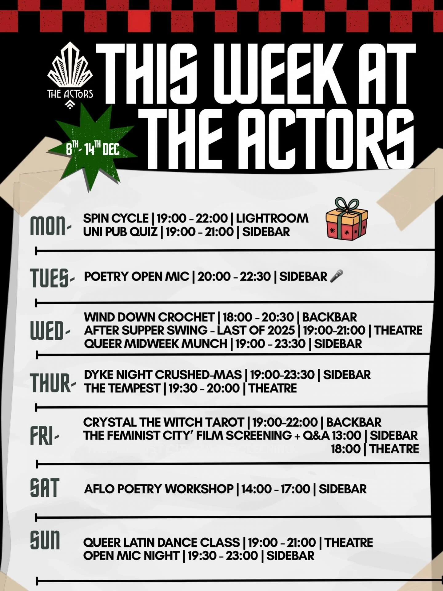 Another packed festive week at The Actors 🎄✨
Spin Cycle, A Uni Pub Quiz, poetry, crochet, swing, Dyke Night Crushed-Mas, tarot, film screenings, AFLO&rsquo;s poetry workshop, queer Latin dance and open mic all week long.
Join us for good vibes, crea