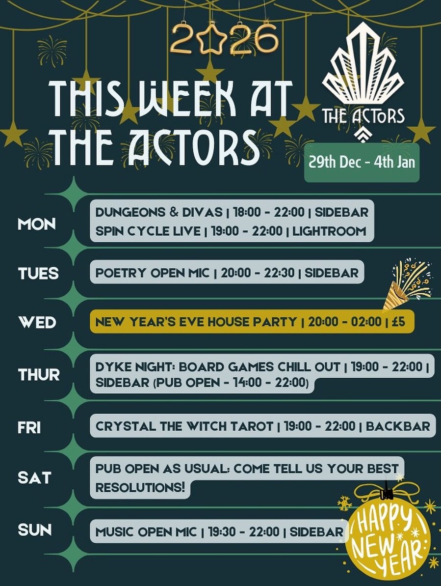 10, 9, 8, 7, 6, 5, 4, 3, 2, 1&hellip;. Happy Actors Weekly Listings Day! 
Head into 2026 with your favourite bar team 🧧🎊✨

This week, we are launching a brand new D&amp;D social on Monday evenings 🐉 
Our regular nights - Spin Cycle, Poetry Open Mi