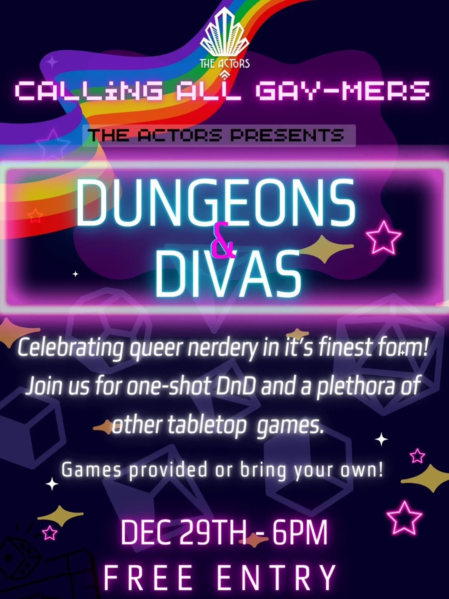 Calling all Gay-mers!
Here&rsquo;s a Monday treat for you. 🎲🀄️♟️🐉
Celebrating queer nerdery in it&rsquo;s finest form! Join us for one-shot DnD and a plethora of other tabletop  games.
Bring you own game is also welcomed! 

All free to join in&hel