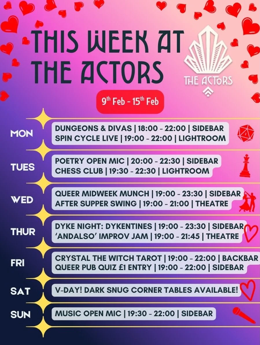 Love is in the air&hellip; We ❤️ The Actors!

Highlights this week - 
Dungeons &amp; Divas 🐉, Spin Cycle 🌀, Chess Club, Poetry Open Mic, Midweek Munch, After Supper Swing 🕺🏽💃🏽, Dyke Night, AndAlso Improv, Crystal the Witch tarot 🔮 , a charity 