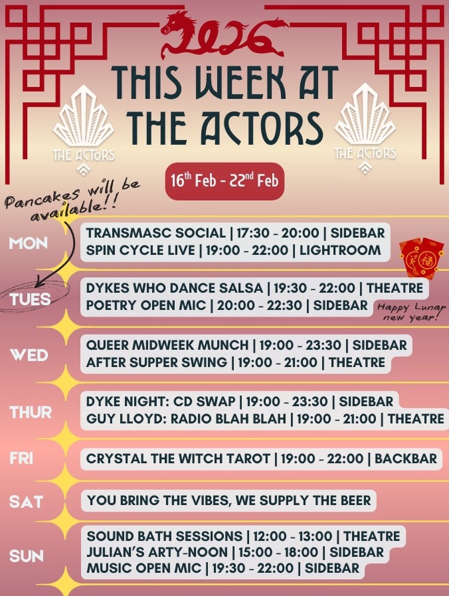 Happy new week! Happy Lunar New Year! 🐎🧧
Happy pancake day! 🥞

Event Highlights this week - 
Monday - Transmasc social, Spin Cycle 🌀; 
Tuesday - Dykes Who Dance salsa class 💃🏽, Poetry Open Mic, with PANCAKES ON THE MENU (gf also available); 
We