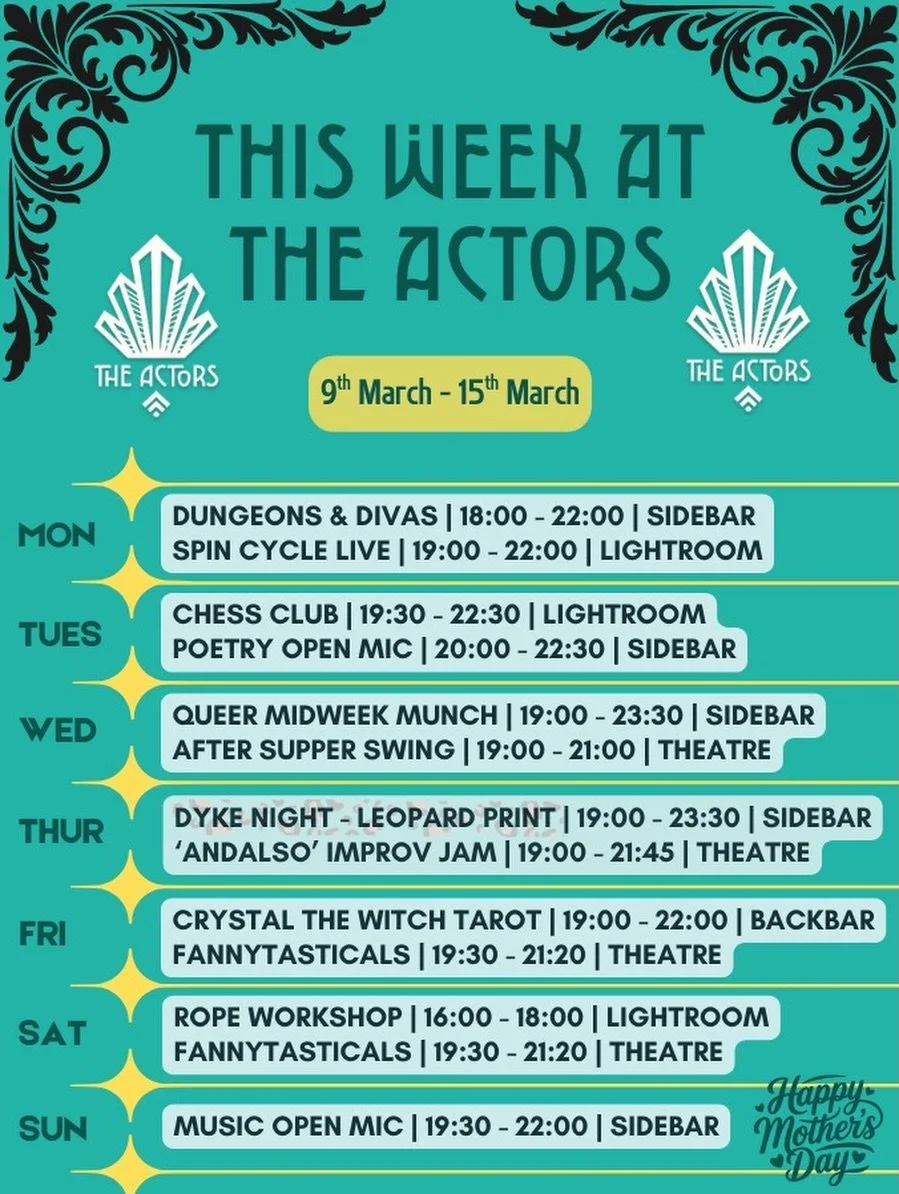 Busy week coming up! Soak up that vitamin D and head on down to check out our game nights, meet ups, workshops and theatrical events coming up this week! ☀️

Event Highlights this week - 
Monday - Dungeons &amp; Divas 🎲, Spin Cycle 🌀; 
Tuesday - Ch