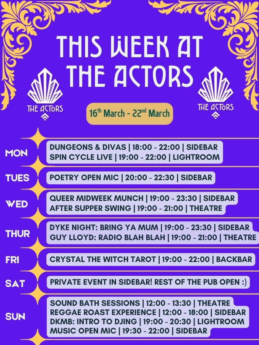 Weekly listings coming atcha!
Rolling on through to our mega Sunday.. get your chops around this! 

Event Highlights this week - 
Monday - Dungeons &amp; Divas 🎲 (yes, again! Levi is away for next 2 weeks so come down tonight!) , Spin Cycle 🌀; 
Tue