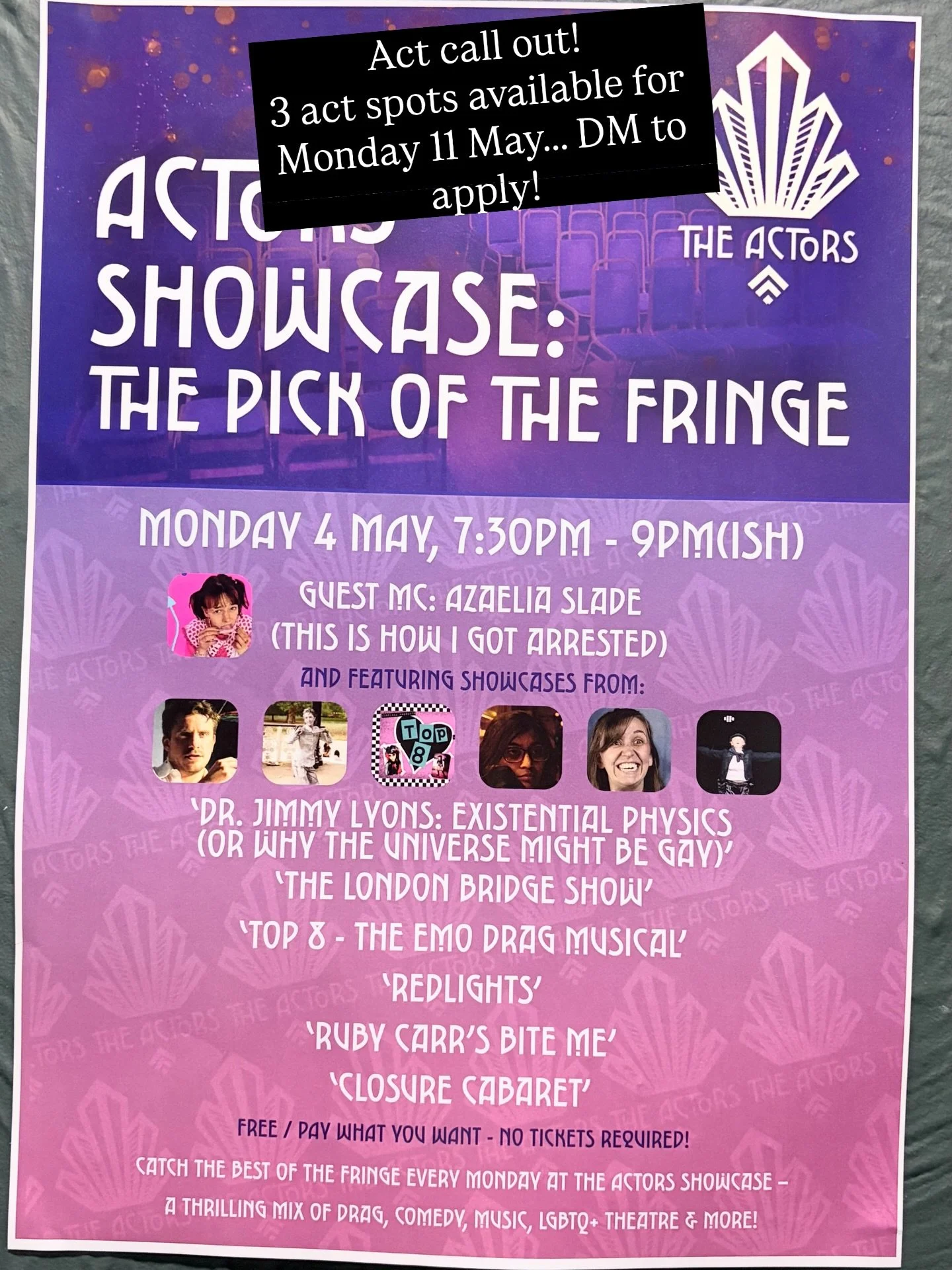 We have a handful of slots available for acts to do a short showcase at our weekly Monday night show on 11 May.
Please DM if you have a Brighton Fringe show to promote! 
Short 5-8 mins sets. @brightonfringe