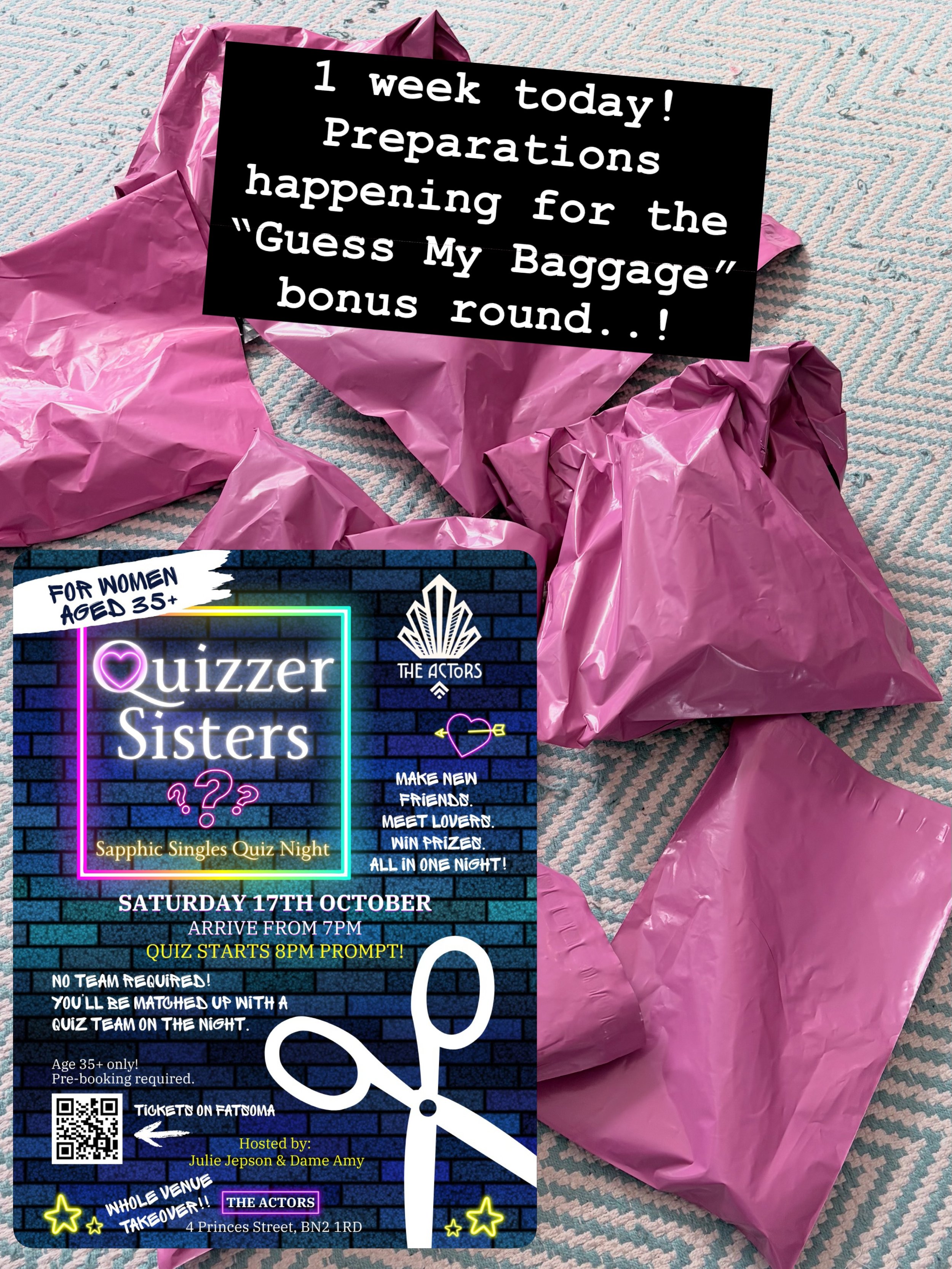 &ldquo;Guess My Baggage&rdquo; - just one of the fun bonus rounds we have planned for you at Quizzer Sisters next week.
Saturday 17 October, a special quiz night for sapphic singles over 35. 
Book a ticket now on Fatsoma (link in bio)!