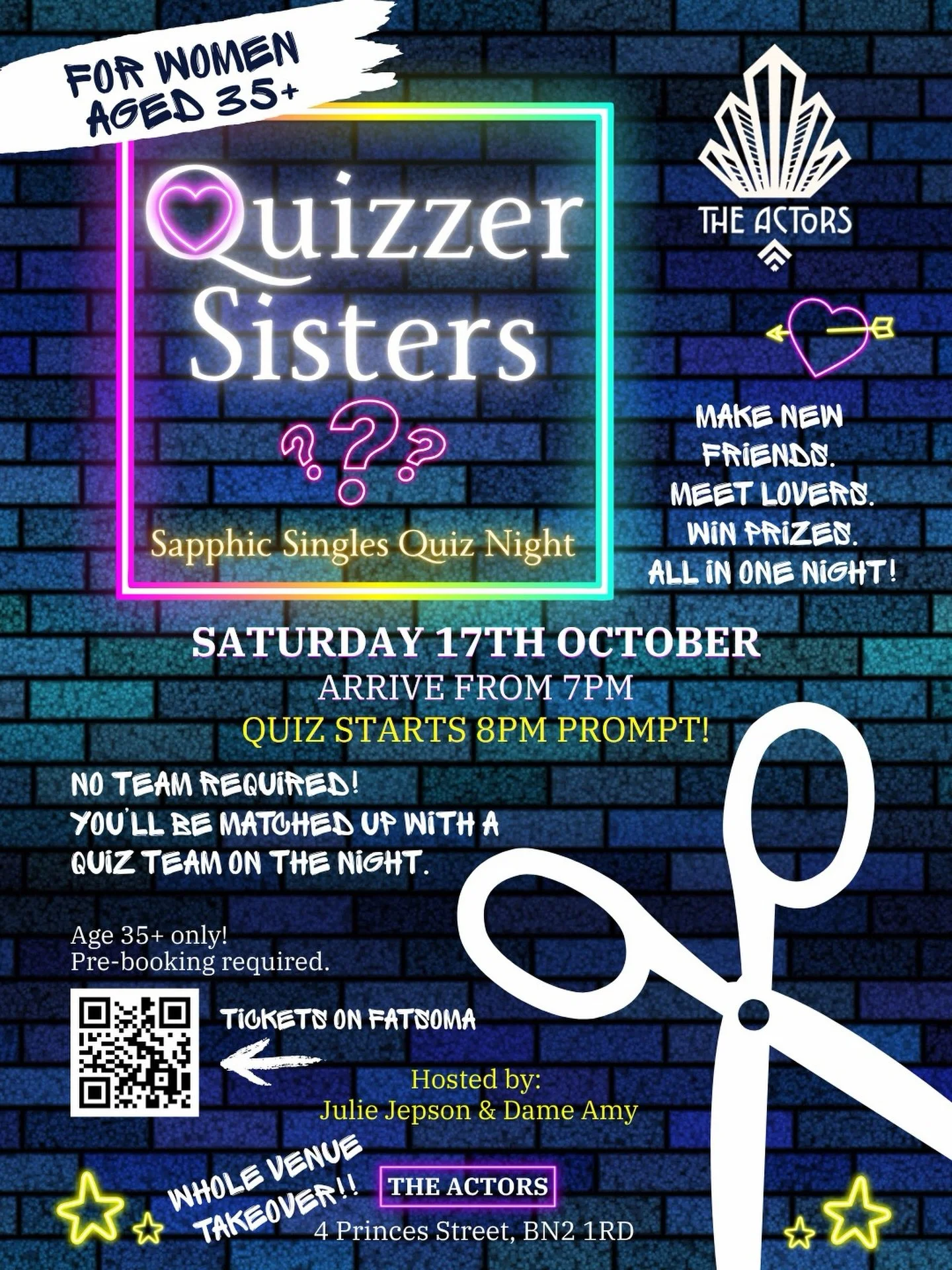 You asked for it, we have provided.
Saturday 17 October, from 7pm. 
An over 35s singles night, with a difference! 
Quizzer Sisters - Sapphic Singles Dating Night for women aged 35+
If you identity as a woman who likes other women, bored of the apps a