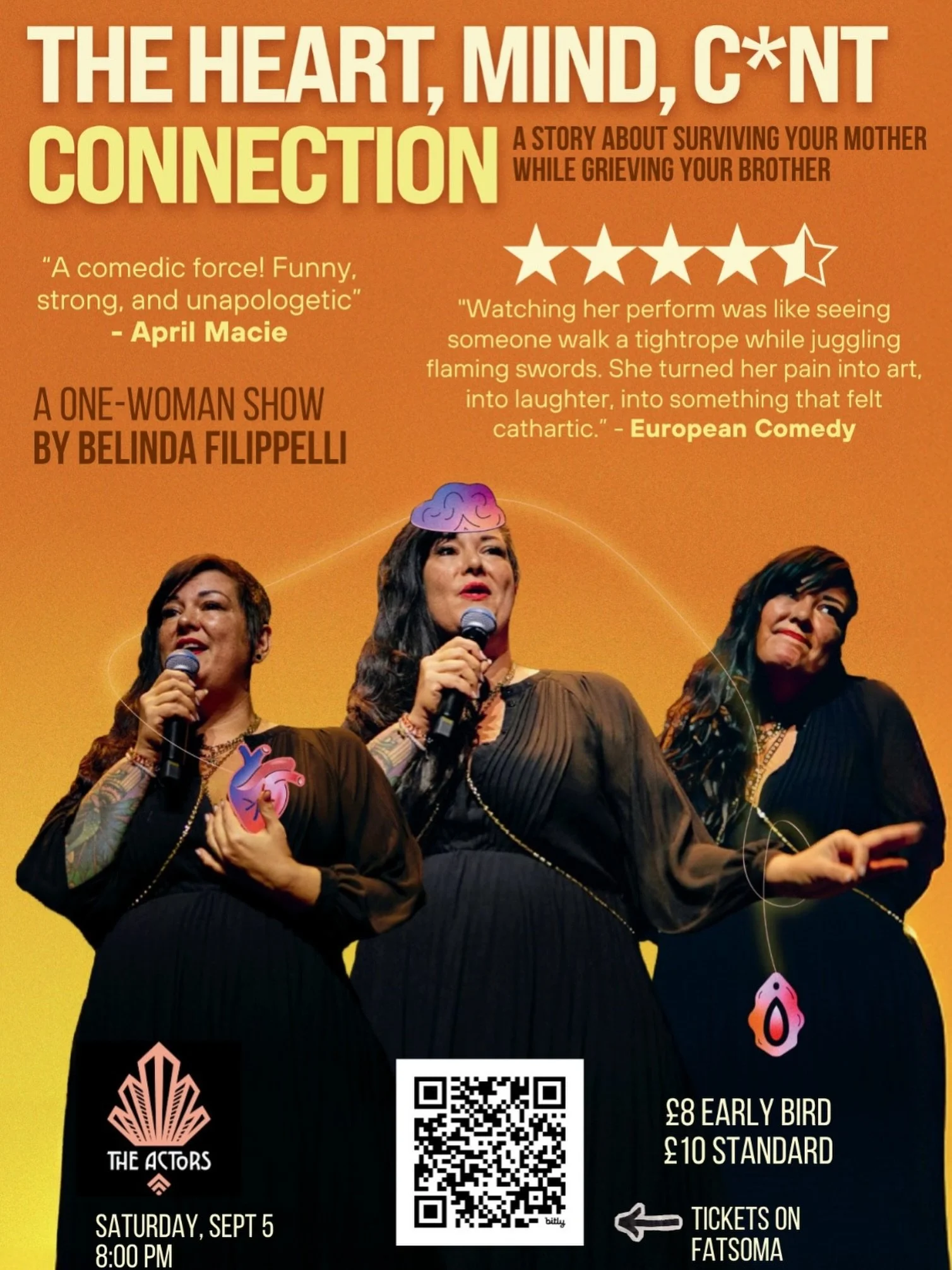 Tonight at 8pm! Head down to The Actors after Dyke Pride to catch critically acclaimed New York comic Belinda Fillipelli with her one woman show - The Heart, Mind, C*nt Collective.
Tickets in advance on Fatsoma or on the door. 
See you there! 💋