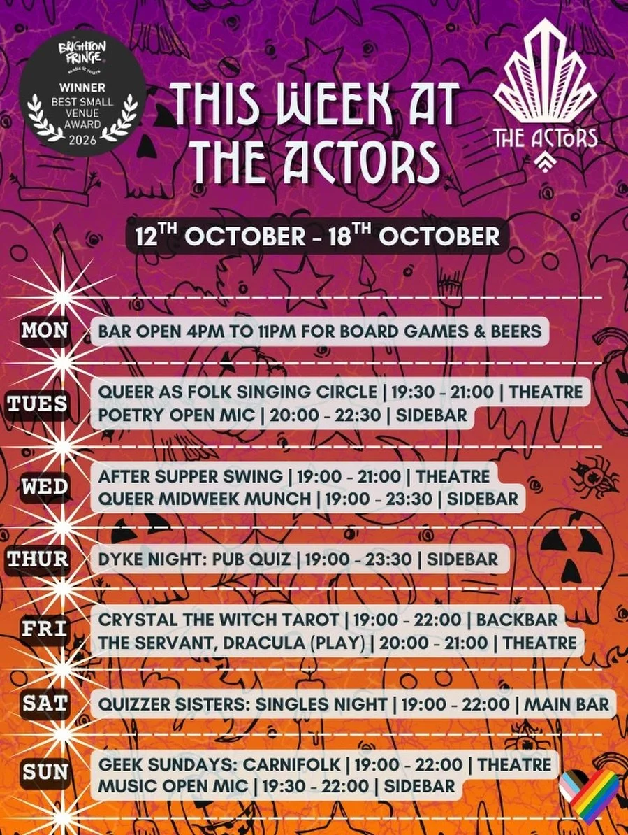 &ldquo;Boo hoo hoo, Merry Octoberness&hellip;&rdquo; 🦇

Spooky month: week two. We have lots of fun for you this week, including our monthly singing circle, Dyke Night, tarot, and open mic nights.. PLUS the play &ldquo;The Servant, Dracula&rdquo; op