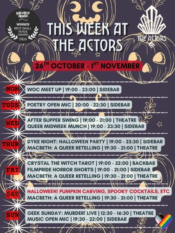 Happy Halloween!🧛🏼&zwj;♀️🧙🏼🦇💀🎃👻
We are TOO excited for our favourite festive season of the year!

Plenty going on this week including Halloween themed Dyke Night on Thursday, our weekly witch will be in on Friday to offer tarot readings, Film