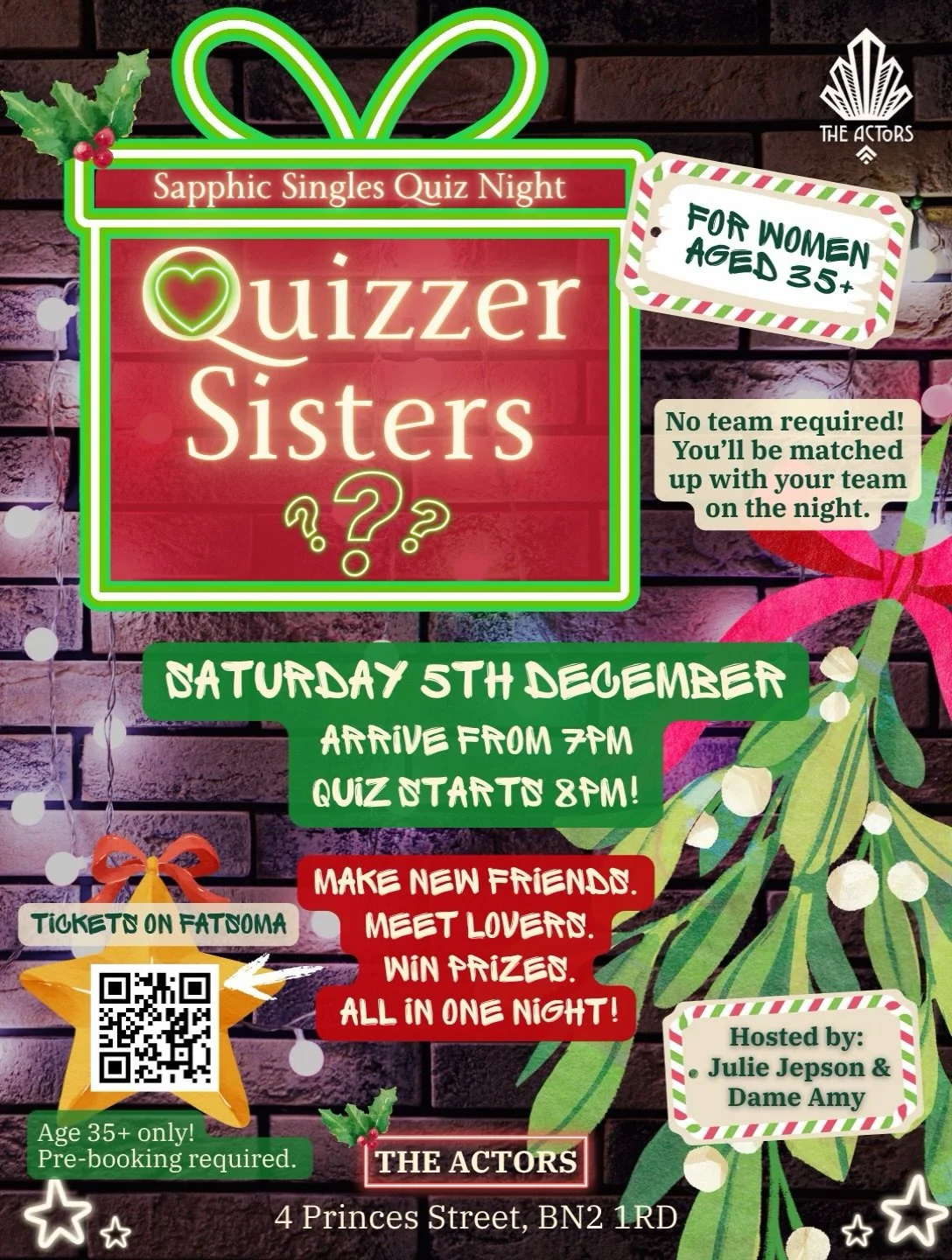 Quizzer Sisters is back for a Christmas edition! 

Sapphic Singles, come join us for some jingle joy; meet new people, play in the quiz, rummage in Santa&rsquo;s sack, and (potentially) go home with a new girlfriend! 

It&rsquo;s like a blind double 