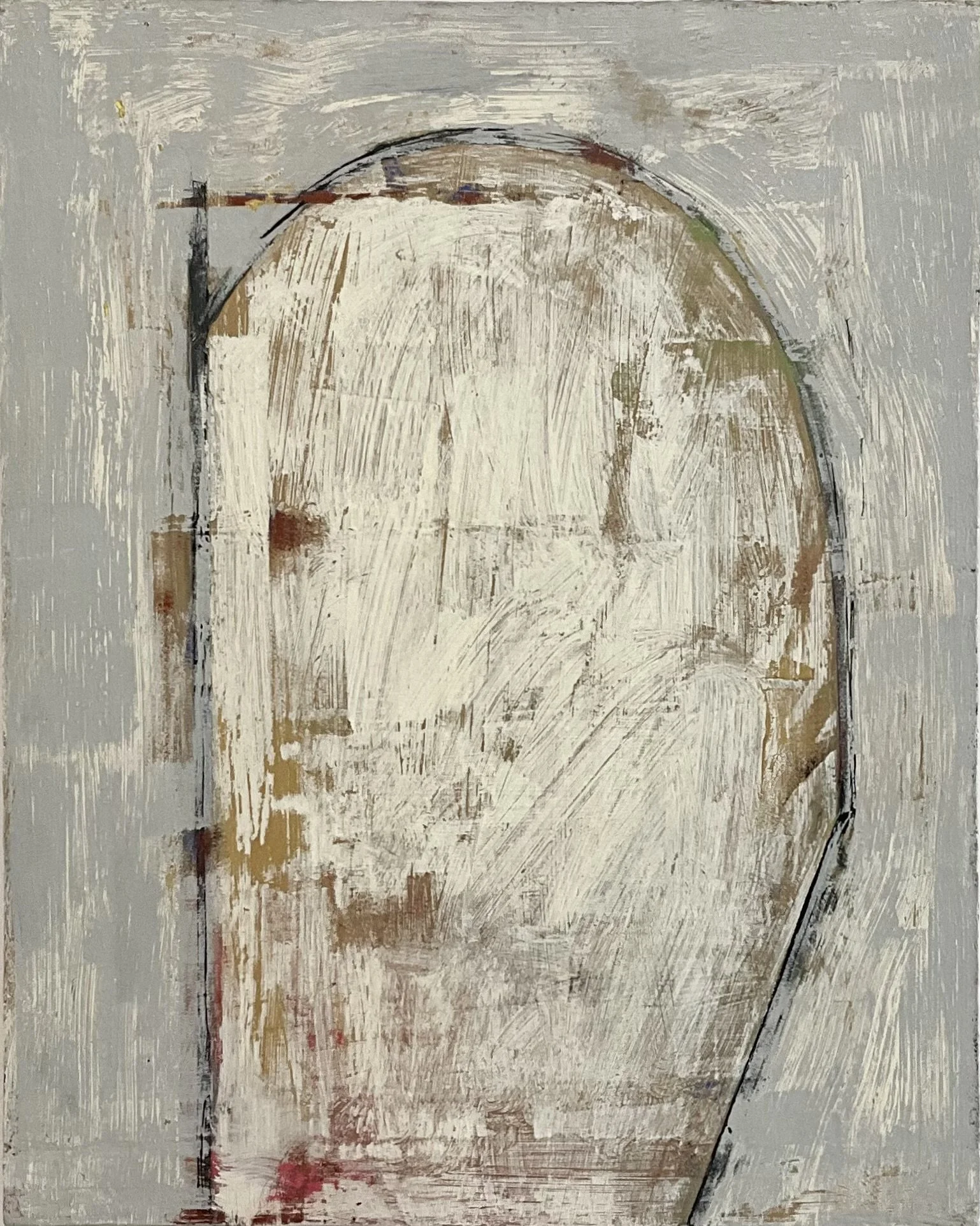 Back Pedal, 2024, acrylic, enamel and mixed media on panel, 20” x 16”