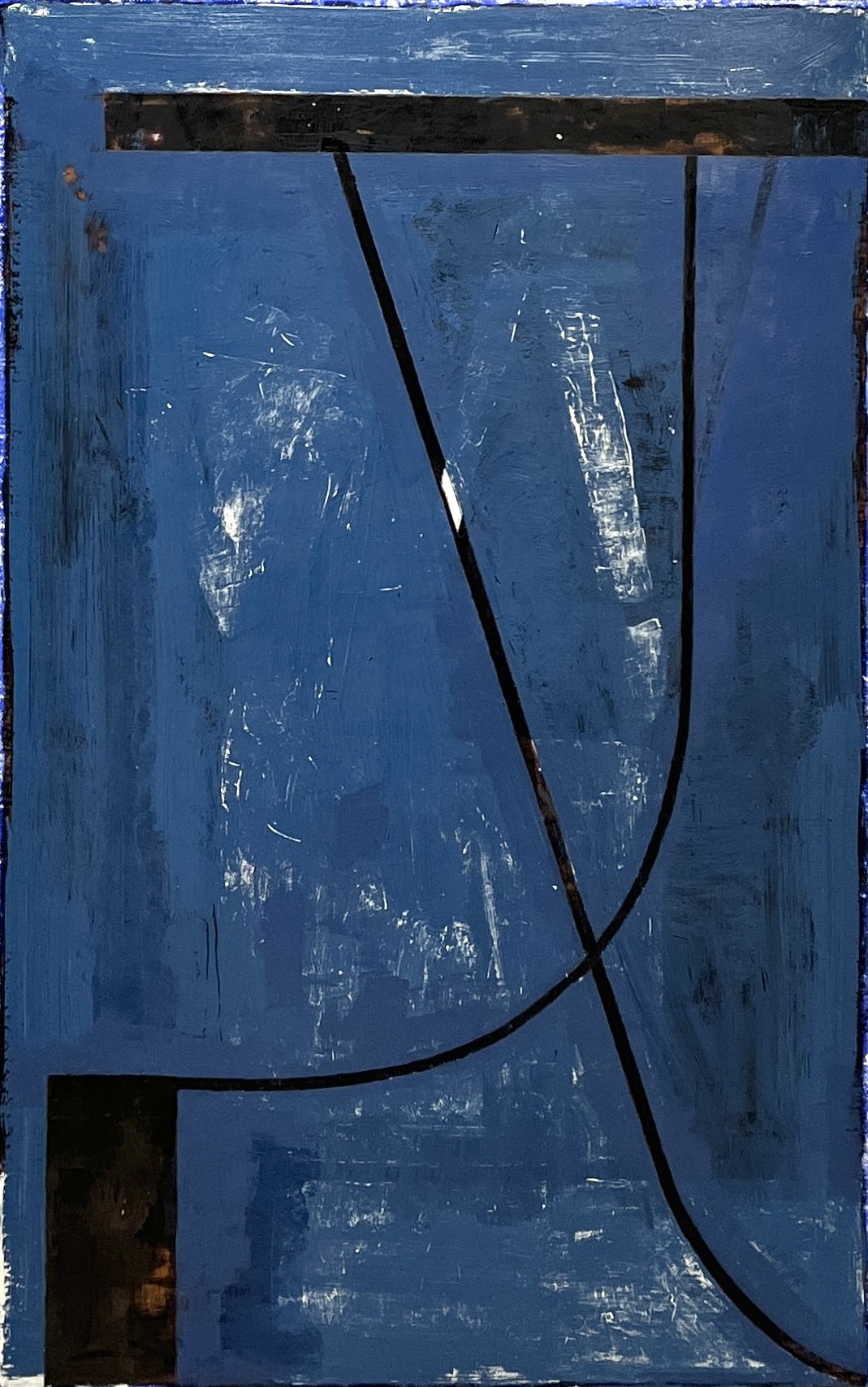 Blue Interval, 2025, acrylic and mixed media on paper mounted on linen, 38, 3/4” x 24, 1/2”